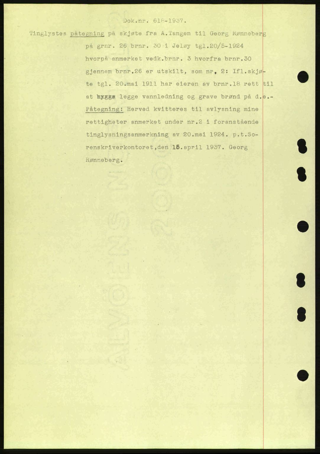 Moss sorenskriveri, SAO/A-10168: Pantebok nr. B3, 1937-1937, Dagboknr: 618/1937
