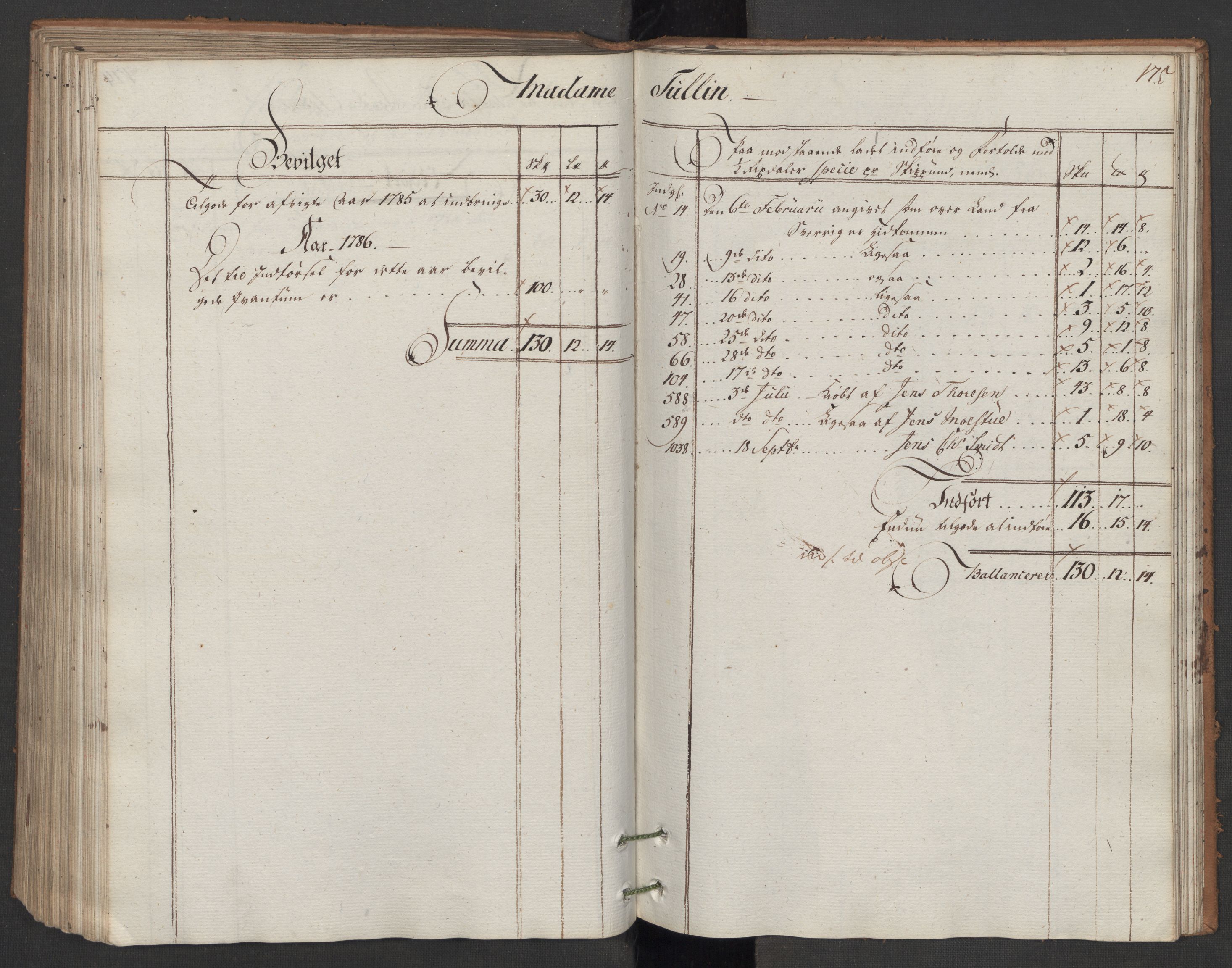 Generaltollkammeret, tollregnskaper, AV/RA-EA-5490/R06/L0166/0001: Tollregnskaper Kristiania / Utgående hovedtollbok, 1786, s. 174b-175a