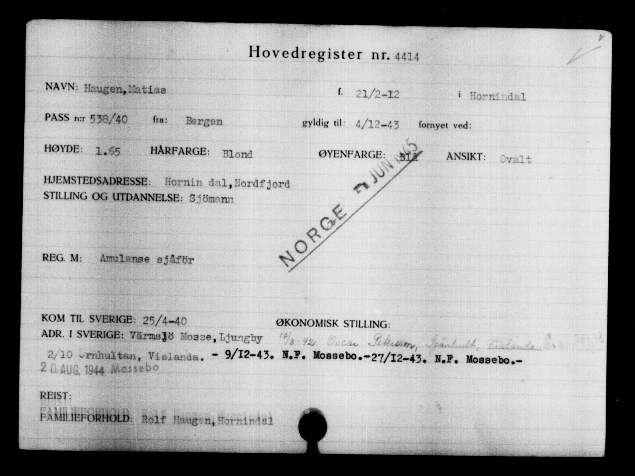 Utenriksstasjonene, Legasjonen i Stockholm, Flyktningkontoret, AV/RA-S-6753/V/Va/L0004: Kjesäterkartoteket, flyktninger med registreringsnr. 3496-6610, 1940-1945, s. 1114