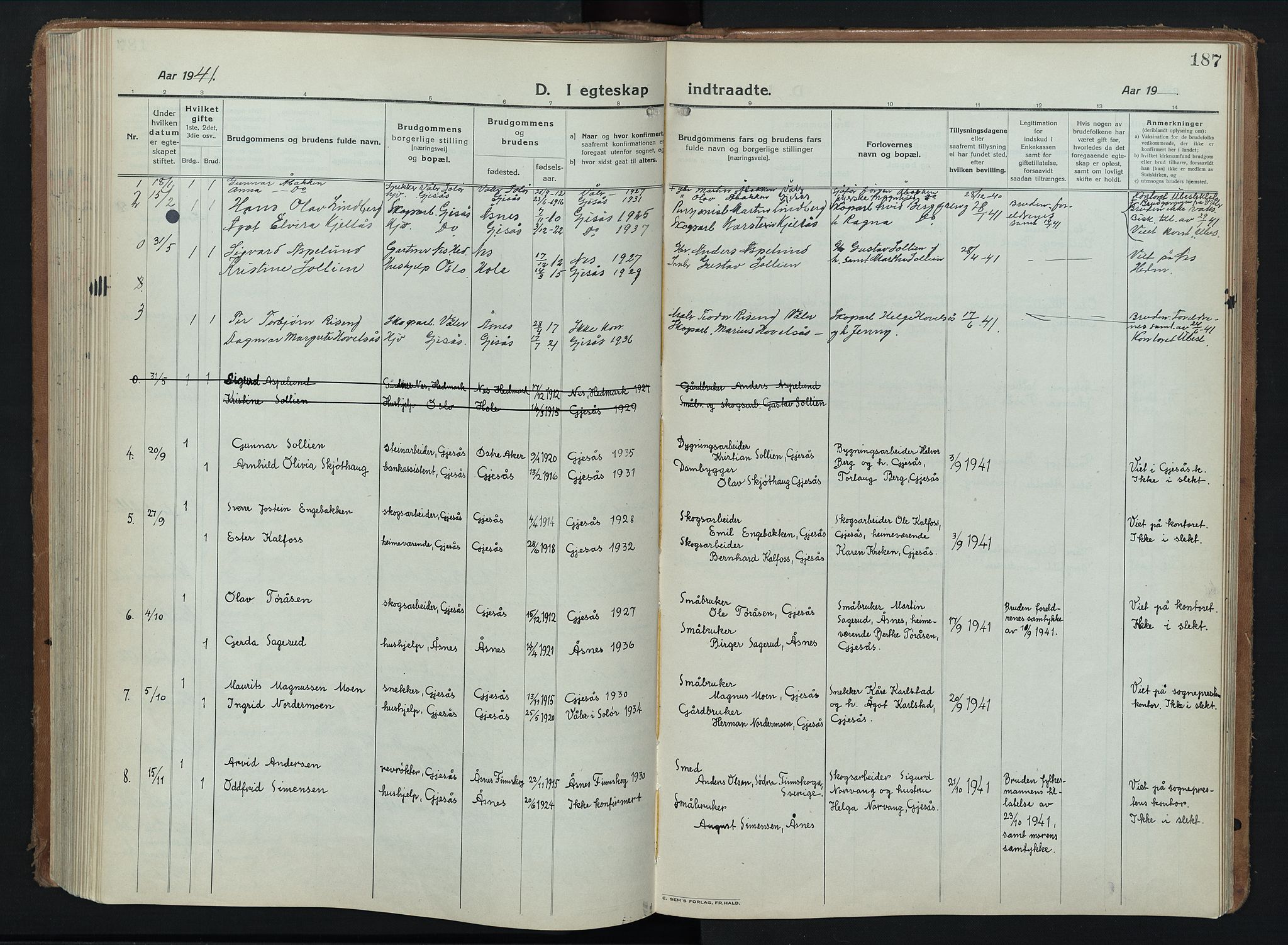 Åsnes prestekontor, AV/SAH-PREST-042/H/Ha/Hab/L0012: Klokkerbok nr. 12, 1921-1942, s. 187