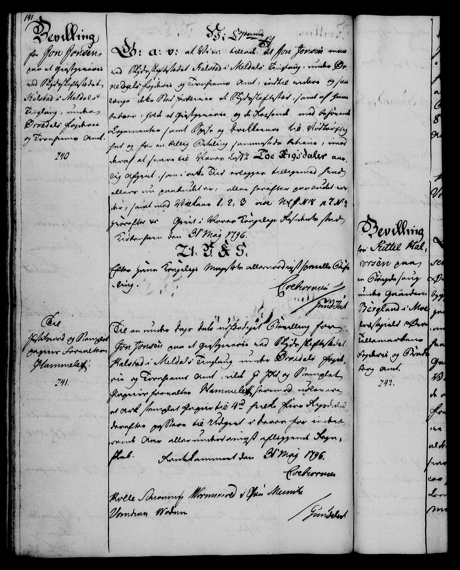 Rentekammeret, Kammerkanselliet, RA/EA-3111/G/Gg/Gga/L0016: Norsk ekspedisjonsprotokoll med register (merket RK 53.16), 1794-1800, s. 141