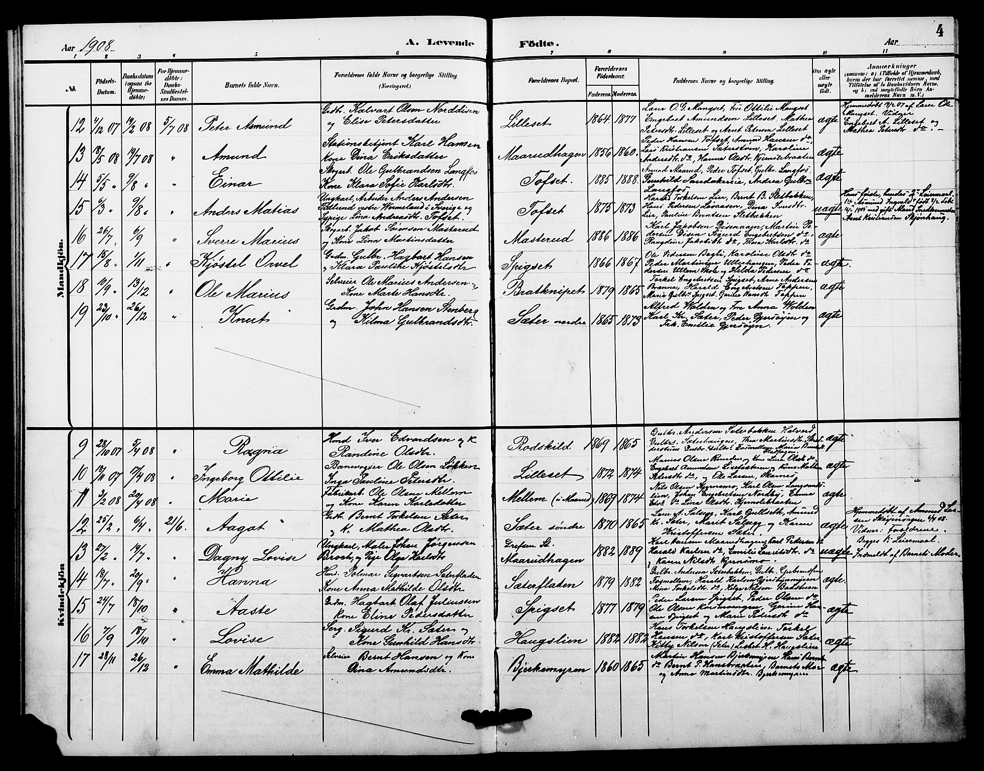 Sør-Odal prestekontor, AV/SAH-PREST-030/H/Ha/Hab/L0007: Klokkerbok nr. 7, 1907-1915, s. 4