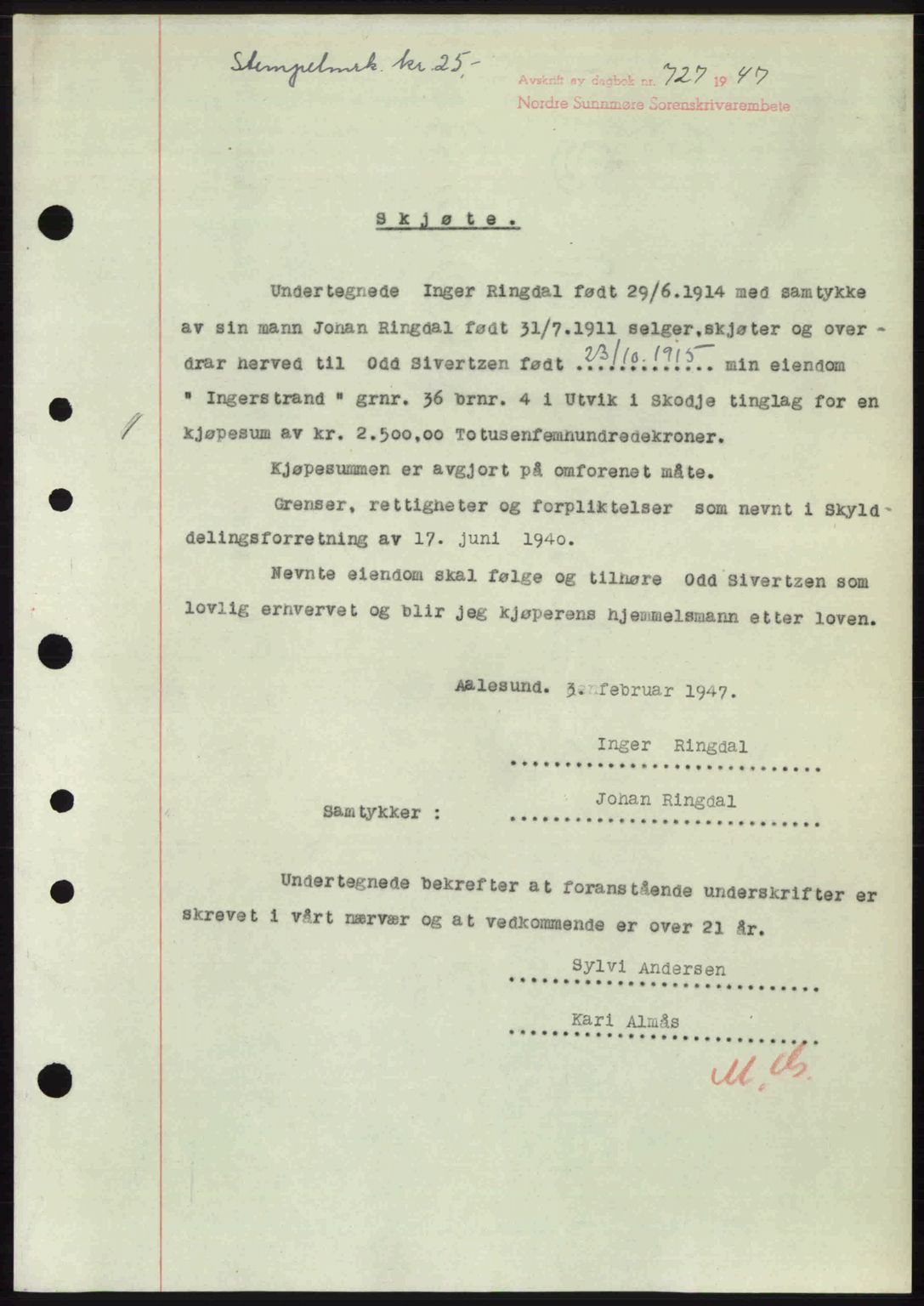 Nordre Sunnmøre sorenskriveri, SAT/A-0006/1/2/2C/2Ca: Pantebok nr. A24, 1947-1947, Dagboknr: 727/1947