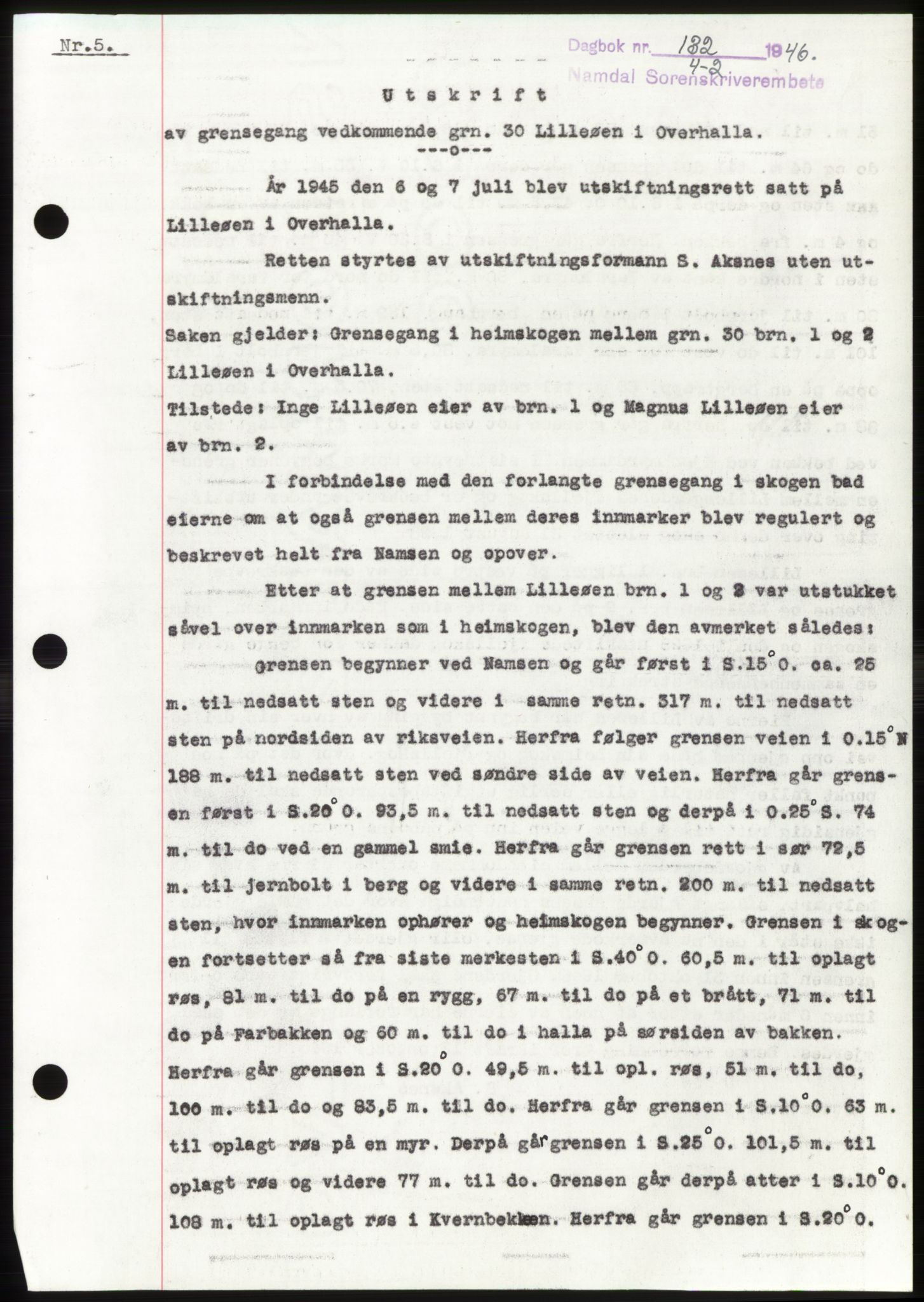 Namdal sorenskriveri, SAT/A-4133/1/2/2C: Pantebok nr. -, 1946-1946, Dagboknr: 132/1946
