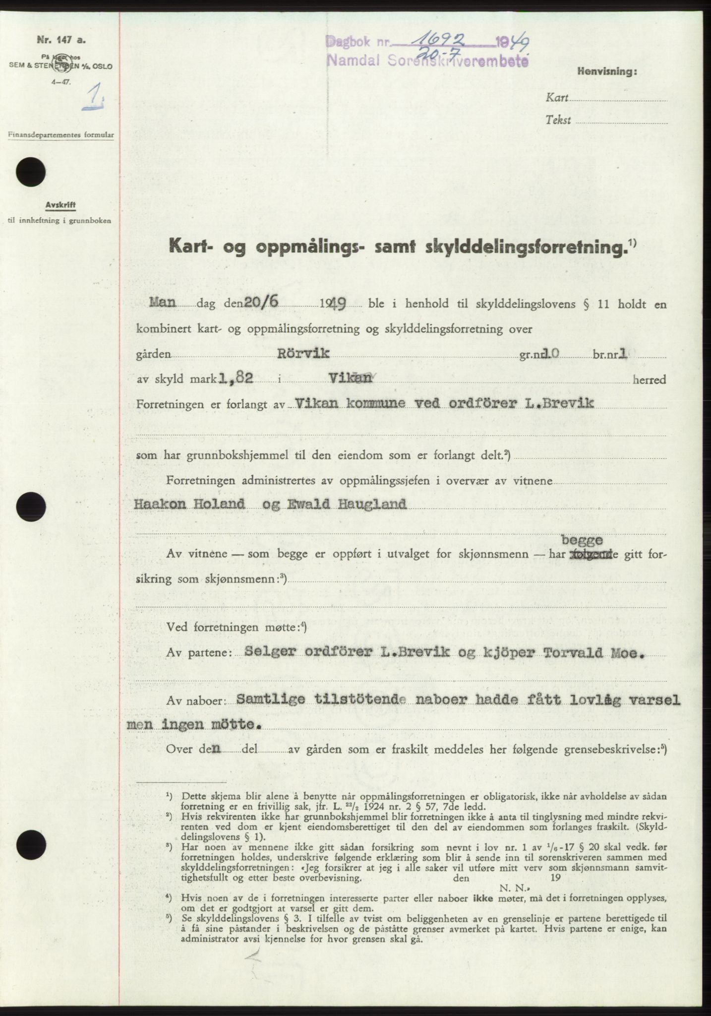 Namdal sorenskriveri, SAT/A-4133/1/2/2C: Pantebok nr. -, 1949-1949, Dagboknr: 1692/1949