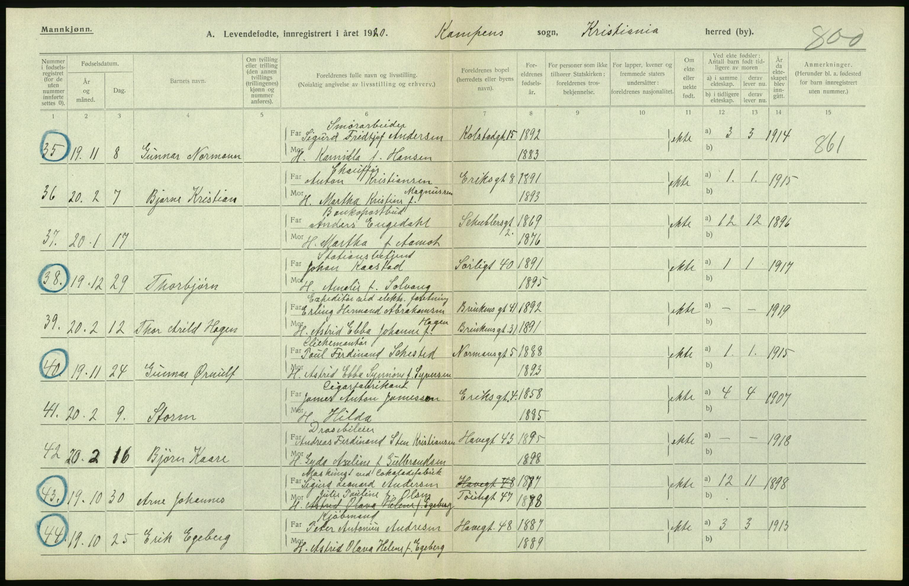 Statistisk sentralbyrå, Sosiodemografiske emner, Befolkning, AV/RA-S-2228/D/Df/Dfb/Dfbj/L0008: Kristiania: Levendefødte menn og kvinner., 1920, s. 192