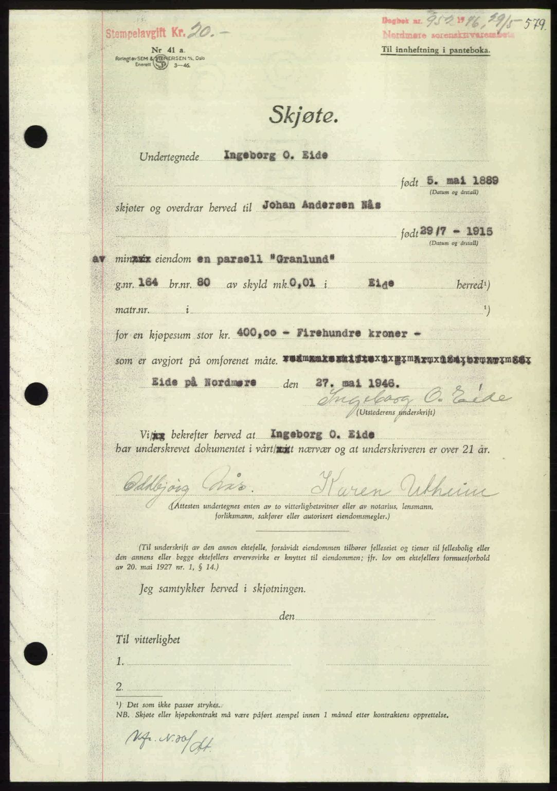 Nordmøre sorenskriveri, AV/SAT-A-4132/1/2/2Ca: Pantebok nr. A101, 1946-1946, Dagboknr: 952/1946