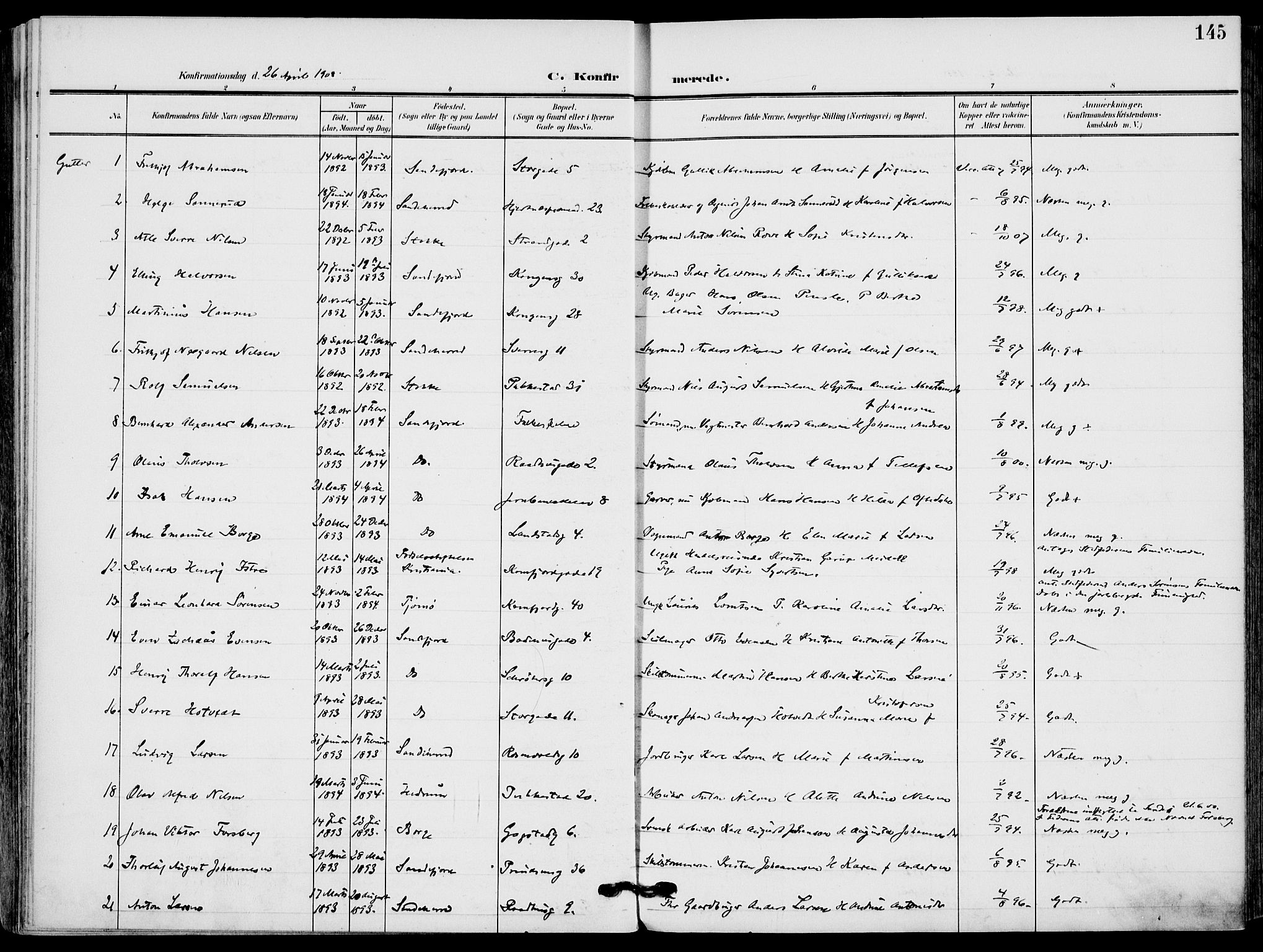 Sandefjord kirkebøker, AV/SAKO-A-315/F/Fa/L0005: Ministerialbok nr. 5, 1906-1915, s. 145