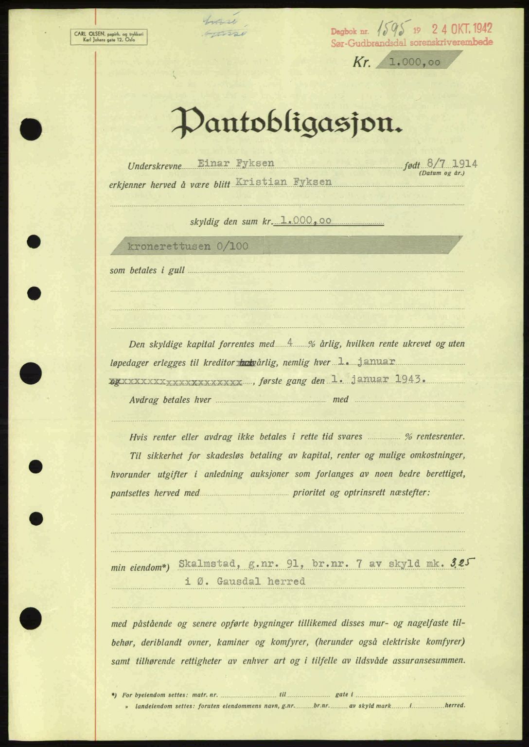 Sør-Gudbrandsdal tingrett, SAH/TING-004/H/Hb/Hbe/L0002: Pantebok nr. B2, 1939-1943, Dagboknr: 1595/1942
