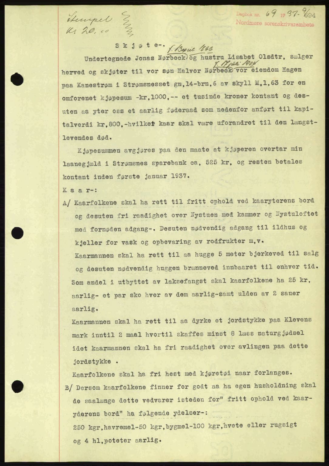 Nordmøre sorenskriveri, SAT/A-4132/1/2/2Ca: Pantebok nr. A80, 1936-1937, Dagboknr: 69/1937