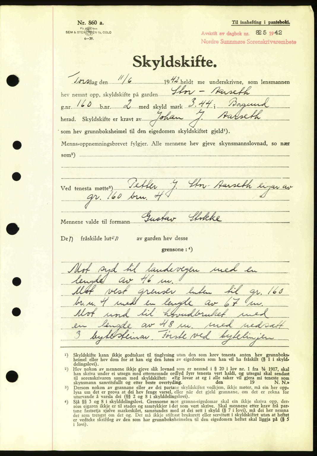 Nordre Sunnmøre sorenskriveri, SAT/A-0006/1/2/2C/2Ca: Pantebok nr. A13, 1942-1942, Dagboknr: 825/1942