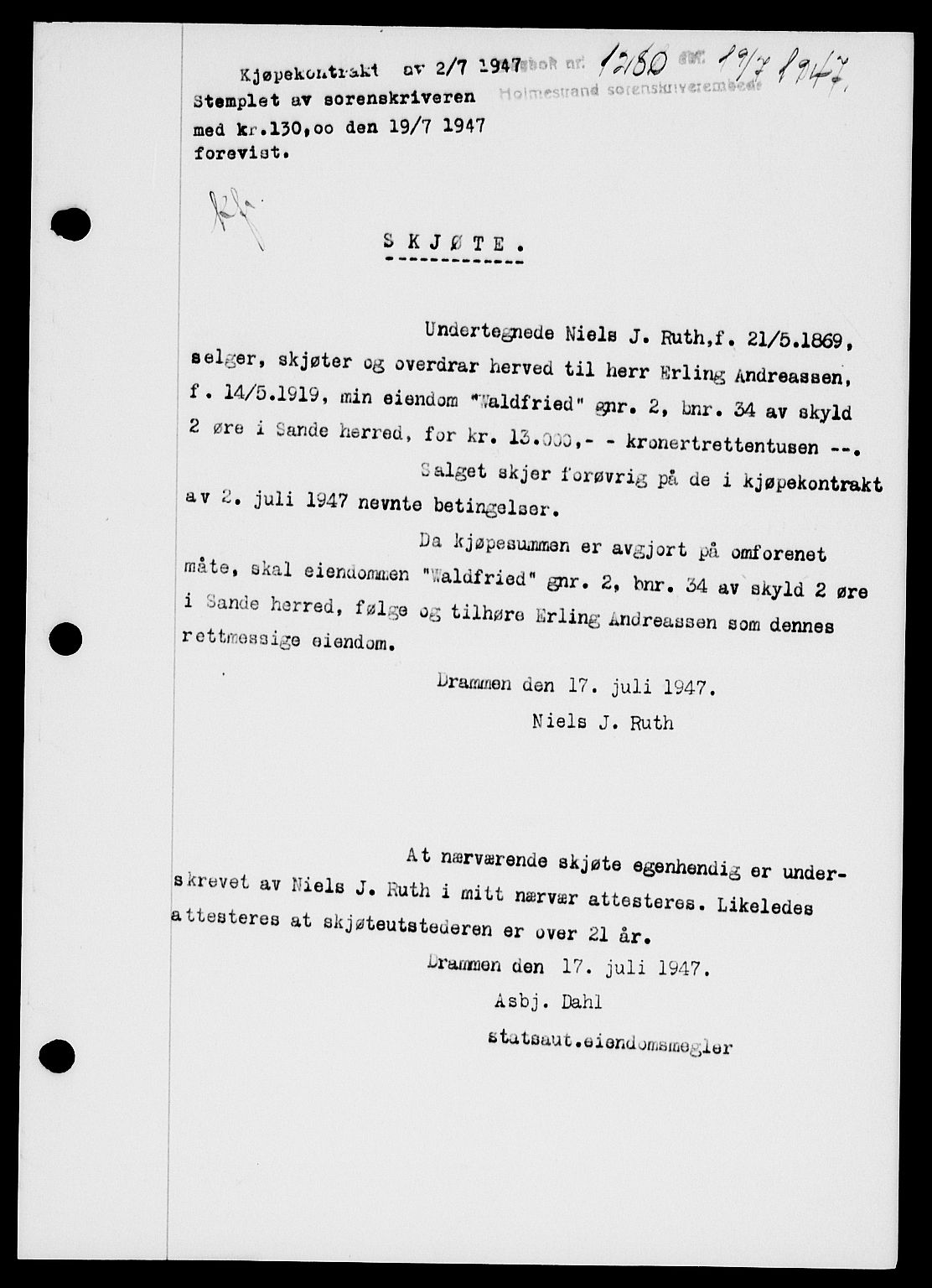 Holmestrand sorenskriveri, SAKO/A-67/G/Ga/Gaa/L0062: Pantebok nr. A-62, 1947-1947, Dagboknr: 1280/1947