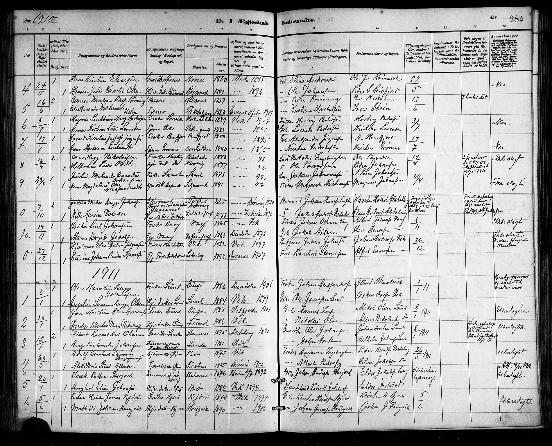 Ministerialprotokoller, klokkerbøker og fødselsregistre - Nordland, AV/SAT-A-1459/812/L0188: Klokkerbok nr. 812C06, 1884-1912, s. 284