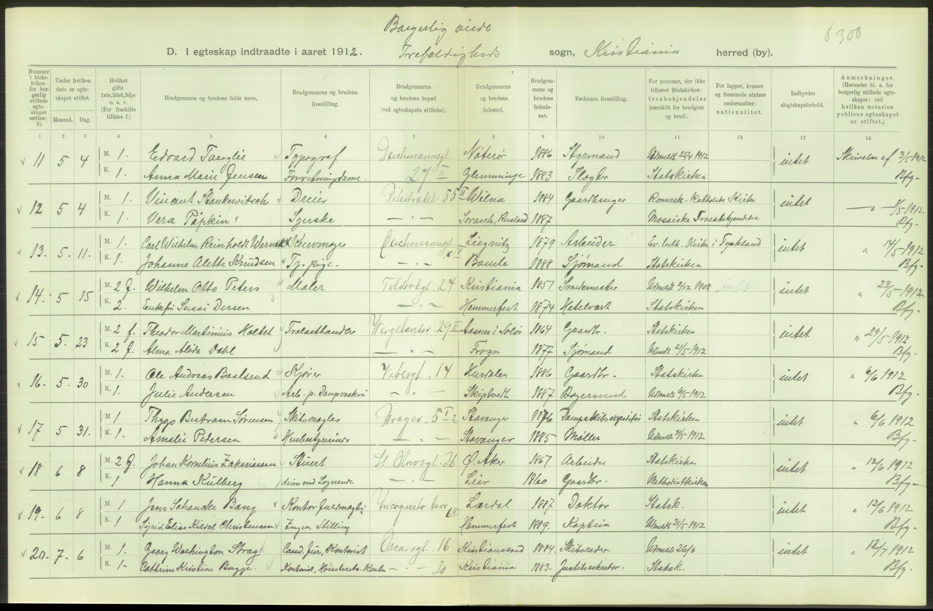 Statistisk sentralbyrå, Sosiodemografiske emner, Befolkning, AV/RA-S-2228/D/Df/Dfb/Dfbb/L0008: Kristiania: Gifte, 1912, s. 592