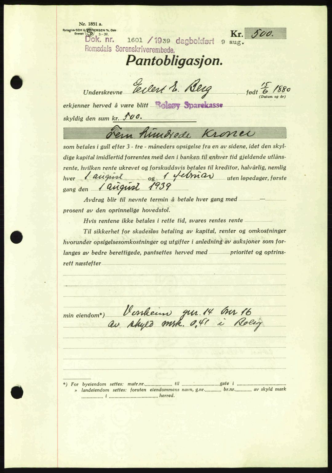 Romsdal sorenskriveri, AV/SAT-A-4149/1/2/2C: Pantebok nr. B2, 1939-1945, Dagboknr: 1601/1939