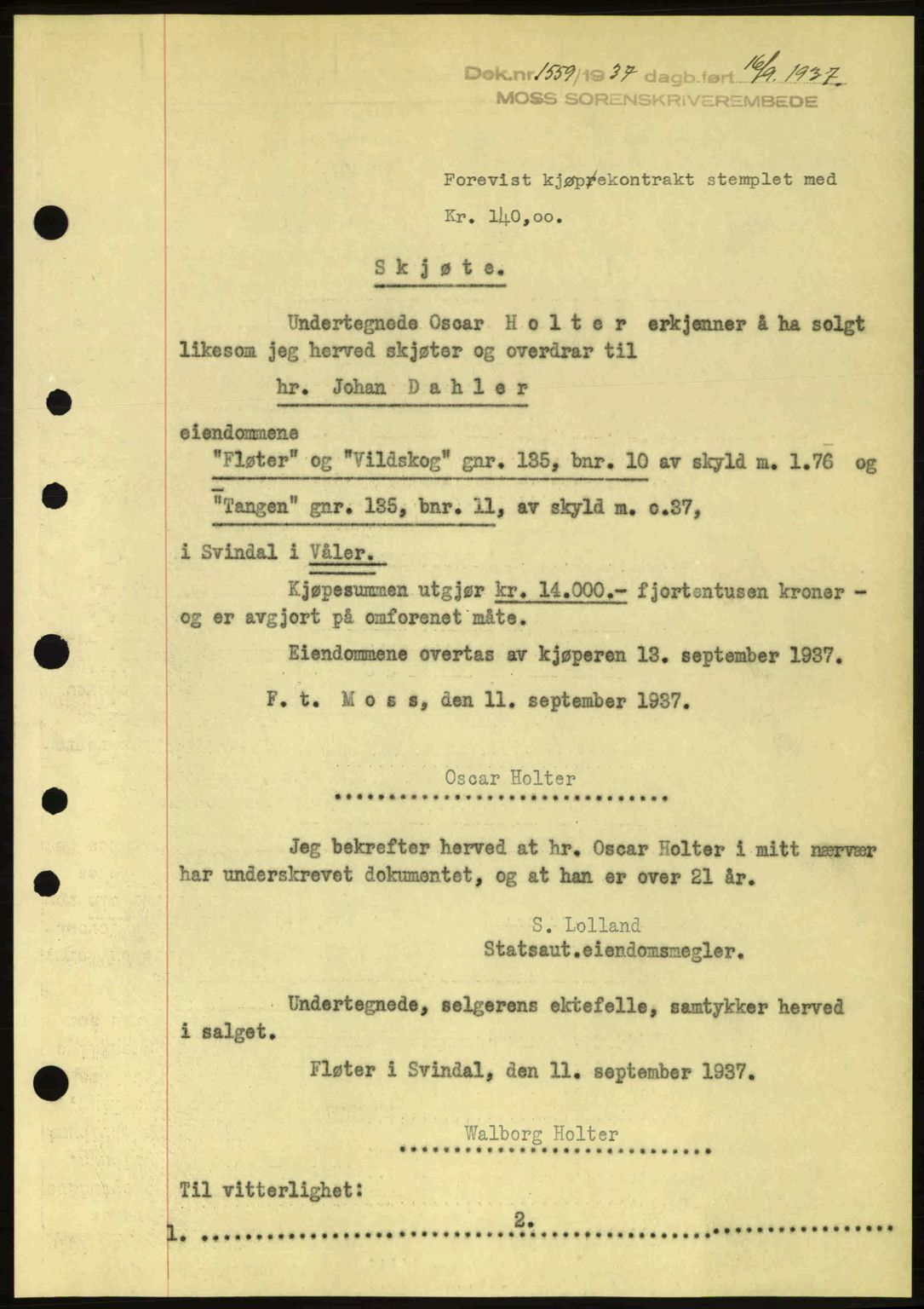 Moss sorenskriveri, SAO/A-10168: Pantebok nr. A3, 1937-1938, Dagboknr: 1559/1937