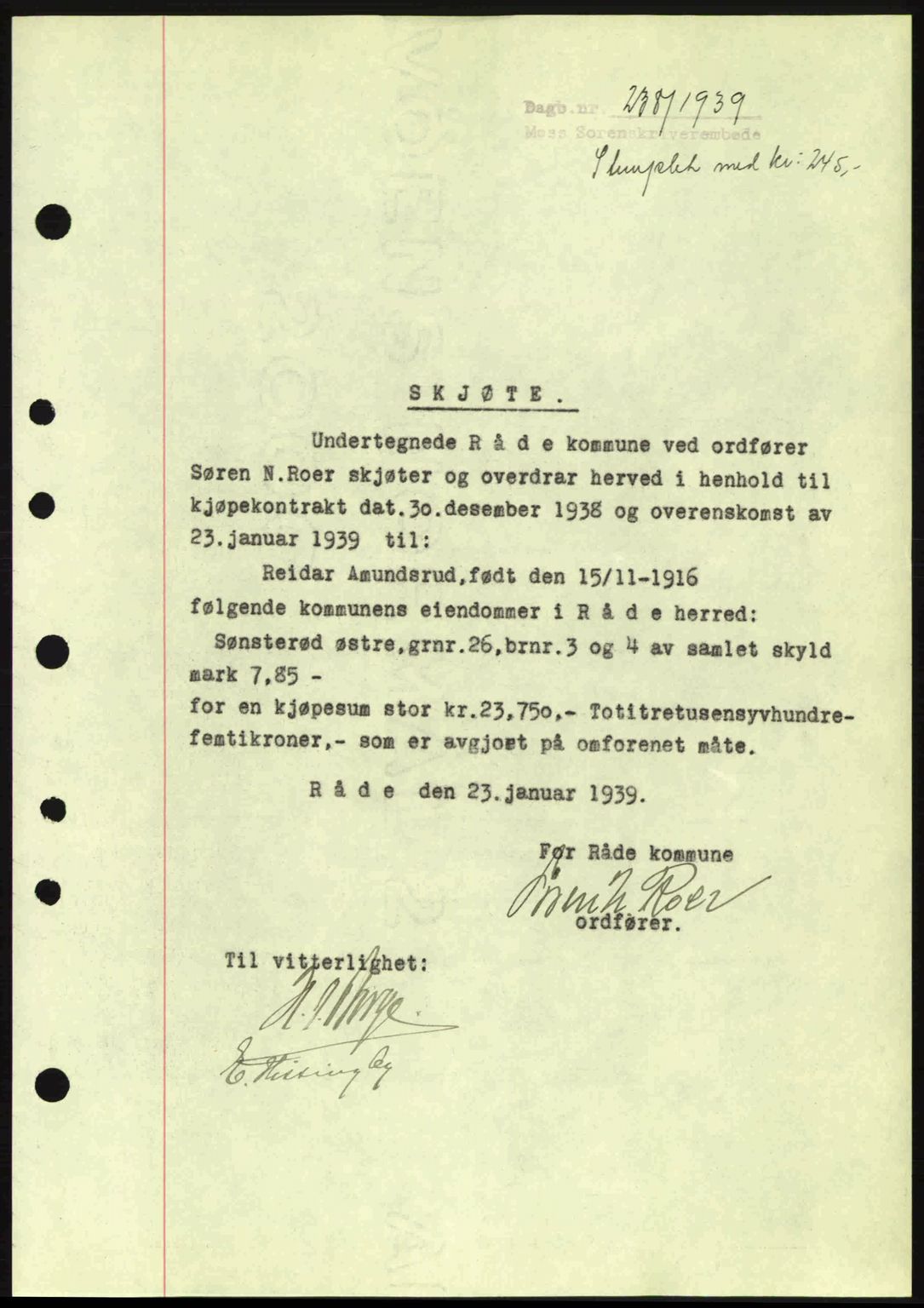 Moss sorenskriveri, SAO/A-10168: Pantebok nr. A5, 1938-1939, Dagboknr: 238/1939
