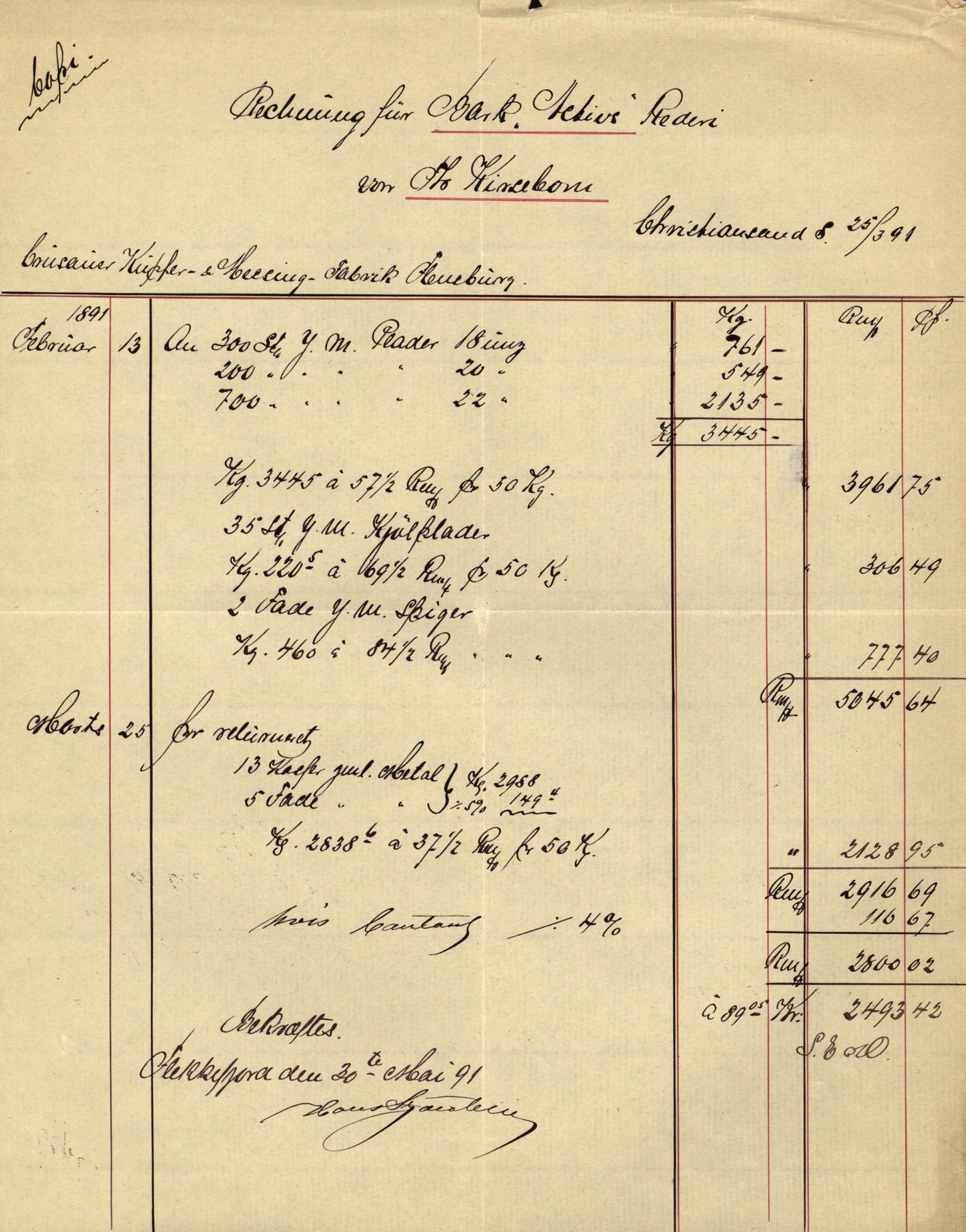 Pa 63 - Østlandske skibsassuranceforening, VEMU/A-1079/G/Ga/L0027/0001: Havaridokumenter / Magnolia, Kong Carl, Louise, Lindsay, Activ av Flekkefjord, 1891, s. 61