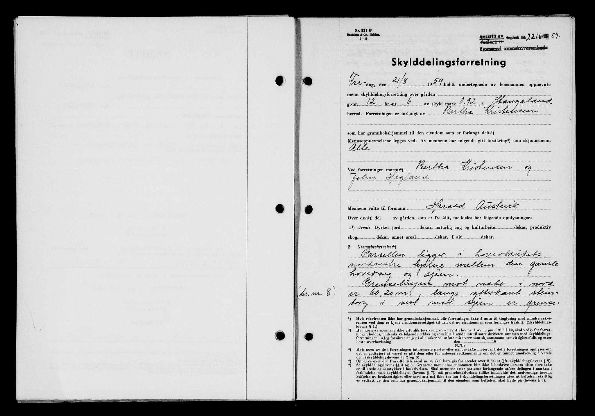 Karmsund sorenskriveri, SAST/A-100311/01/II/IIB/L0132: Pantebok nr. 112A, 1959-1959, Dagboknr: 2216/1959