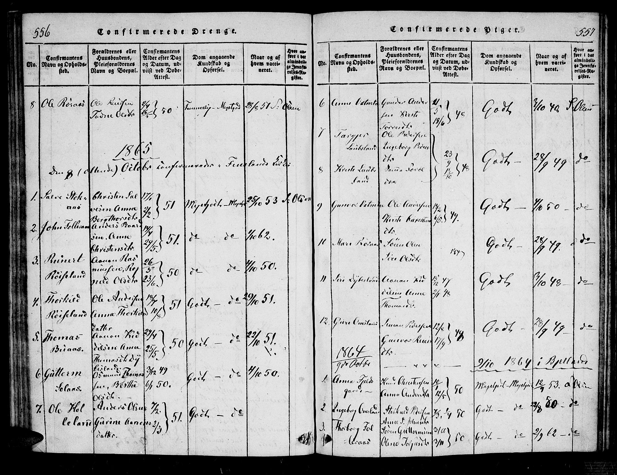 Bjelland sokneprestkontor, SAK/1111-0005/F/Fa/Fab/L0002: Ministerialbok nr. A 2, 1816-1869, s. 556-557
