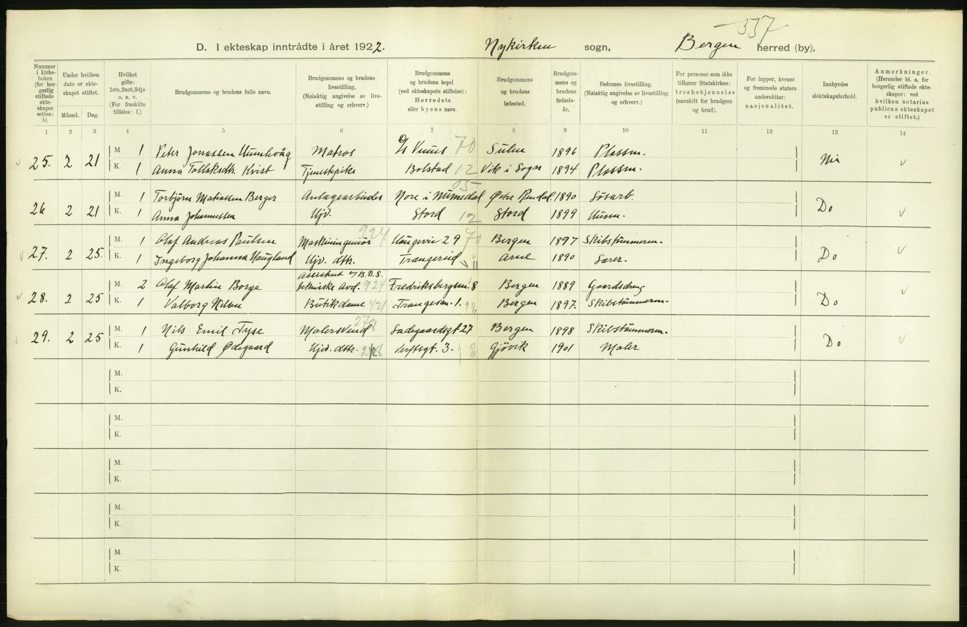 Statistisk sentralbyrå, Sosiodemografiske emner, Befolkning, AV/RA-S-2228/D/Df/Dfc/Dfcb/L0030: Bergen: Gifte, døde, dødfødte., 1922, s. 120