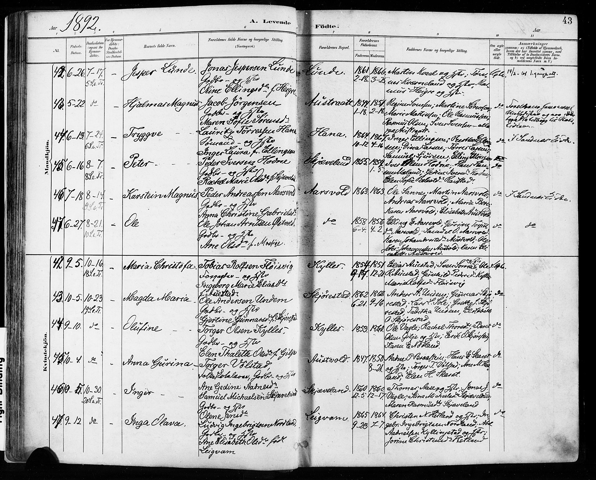 Høyland sokneprestkontor, AV/SAST-A-101799/001/30BA/L0013: Ministerialbok nr. A 13.1, 1889-1898, s. 43