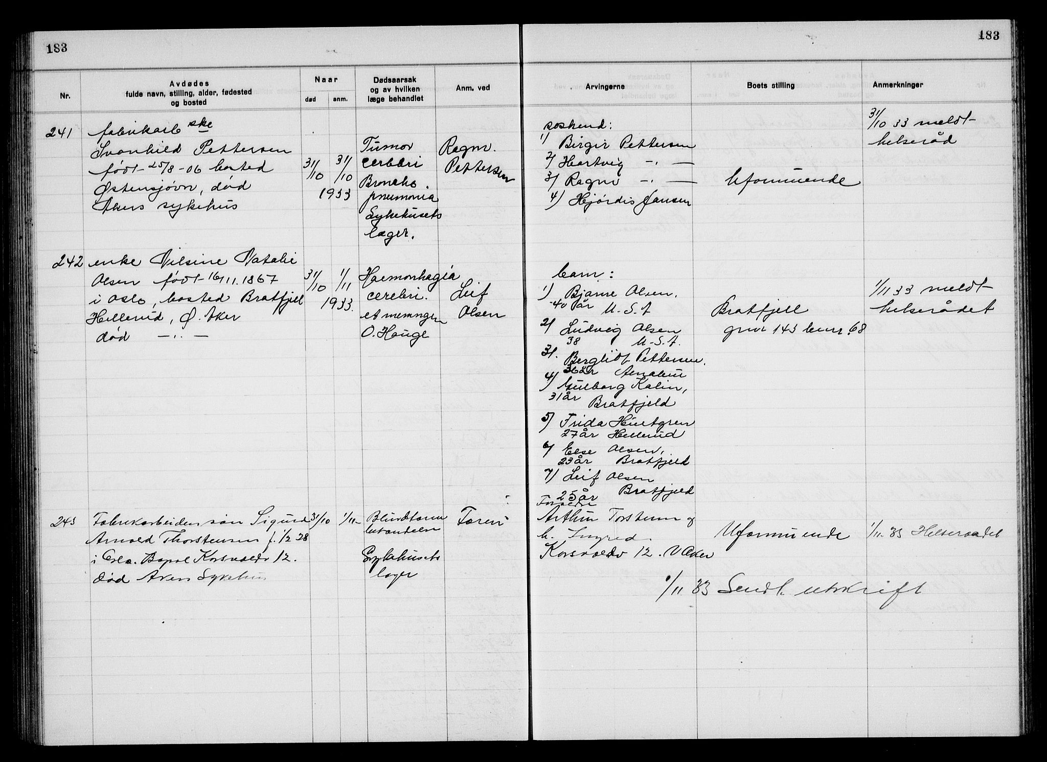 Aker kriminaldommer, skifte- og auksjonsforvalterembete, AV/SAO-A-10452/H/Hb/Hba/Hbac/L0003: Dødsfallsprotokoll for Østre Aker, 1931-1935, s. 183