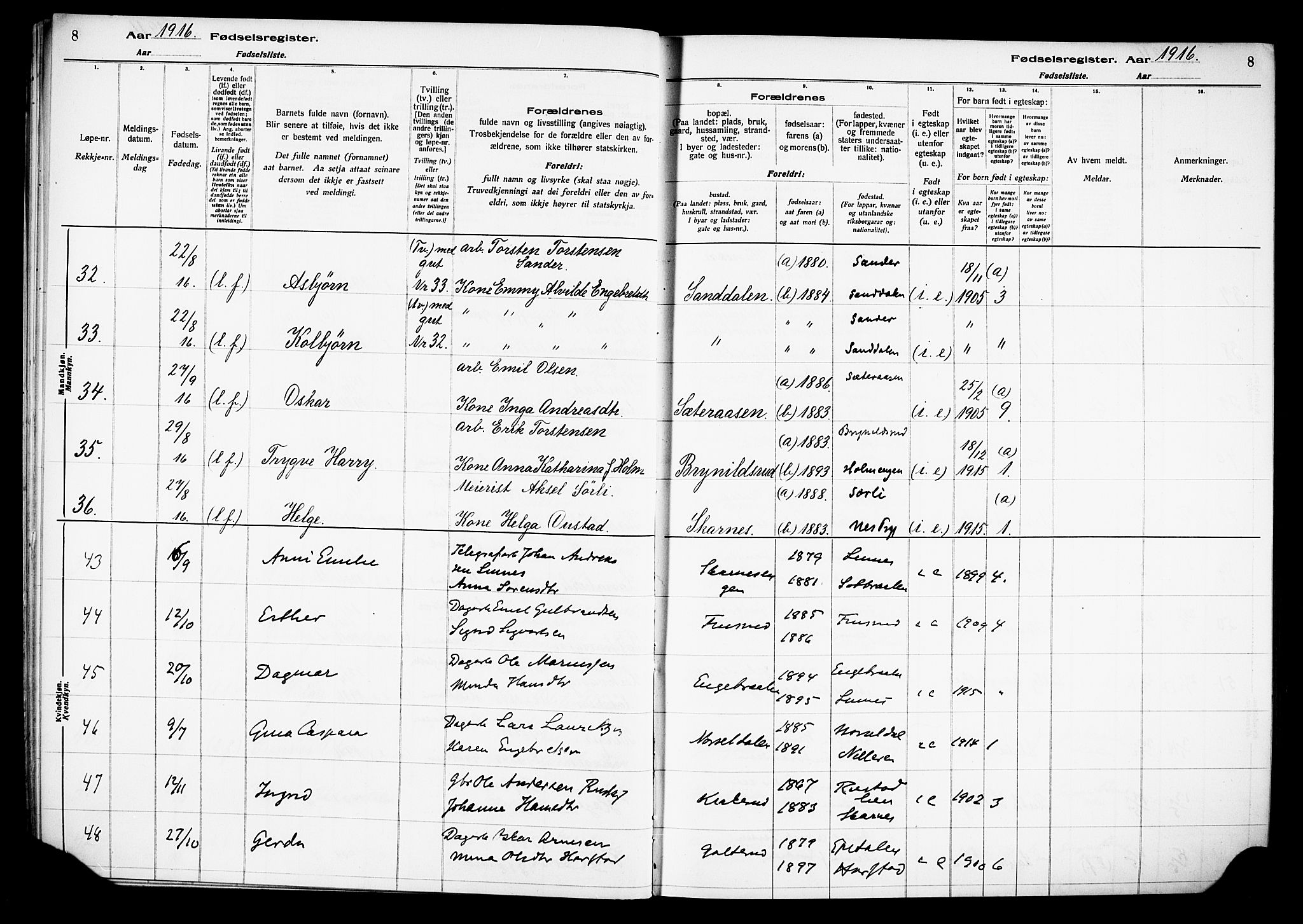 Sør-Odal prestekontor, AV/SAH-PREST-030/I/Id: Fødselsregister nr. 1, 1916-1931, s. 8