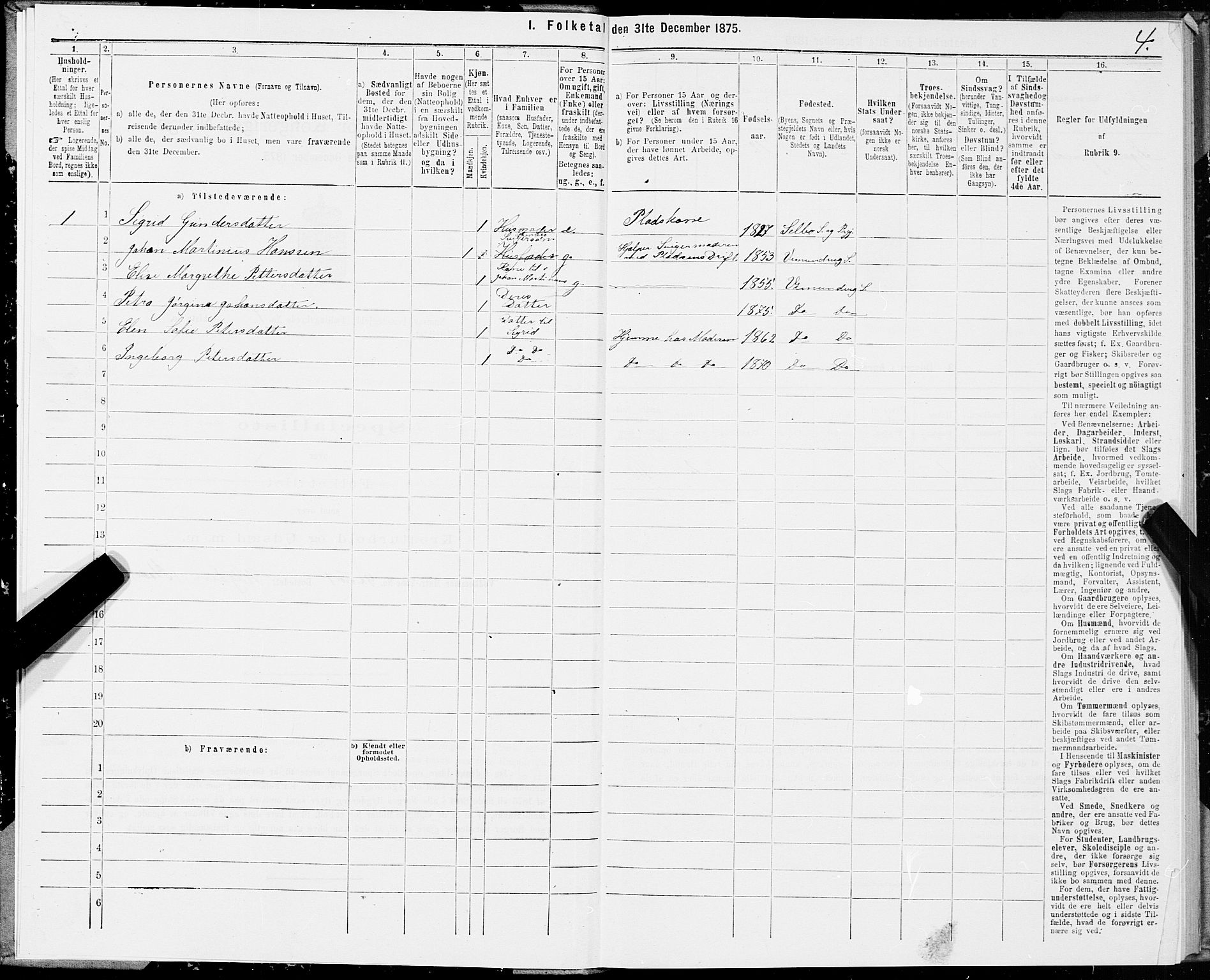 SAT, Folketelling 1875 for 1745L Namsos prestegjeld, Vemundvik sokn og Sævik sokn, 1875, s. 1004