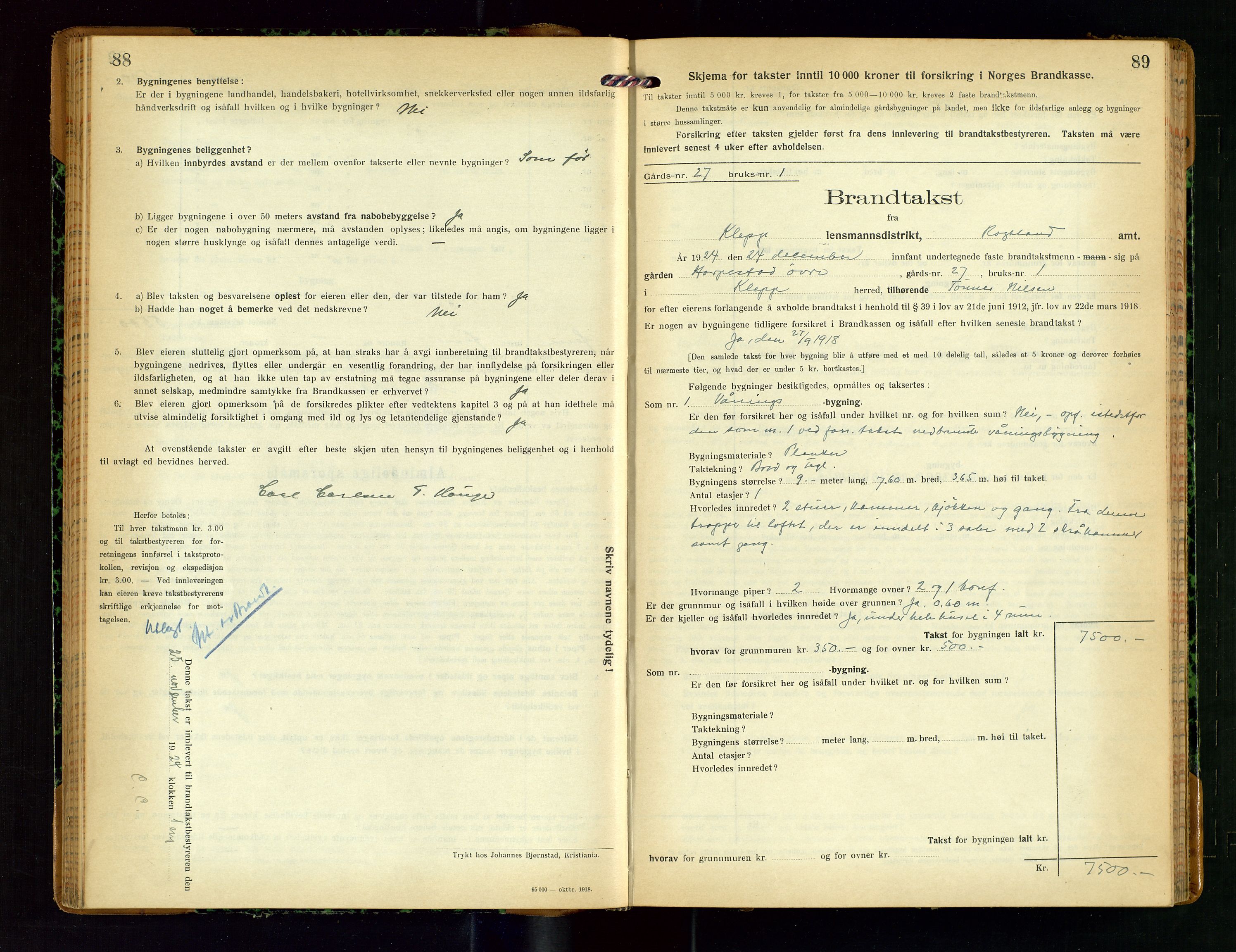 Klepp lensmannskontor, AV/SAST-A-100163/Goc/L0011: "Brandtakstprotokoll" m/register, 1924-1929, s. 88-89