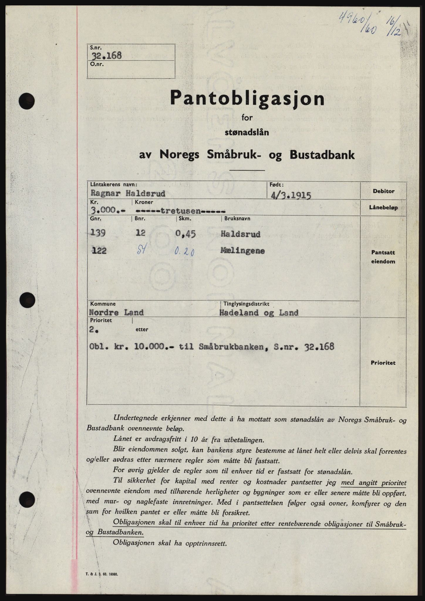 Hadeland og Land tingrett, SAH/TING-010/H/Hb/Hbc/L0044: Pantebok nr. B44, 1960-1961, Dagboknr: 4960/1960