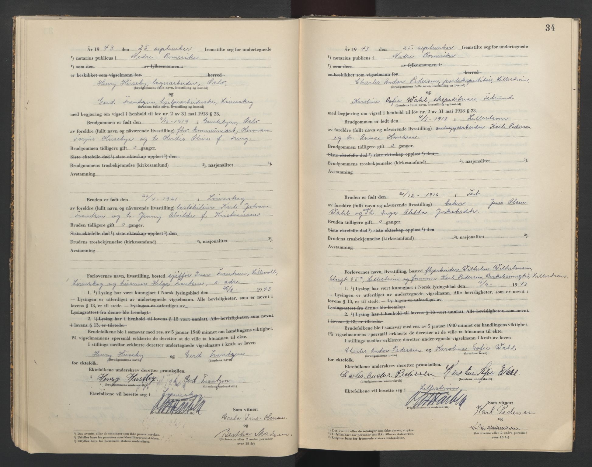 Nedre Romerike sorenskriveri, SAO/A-10469/L/Lb/L0004: Vigselsbok - borgerlige vielser, 1943-1944, s. 34