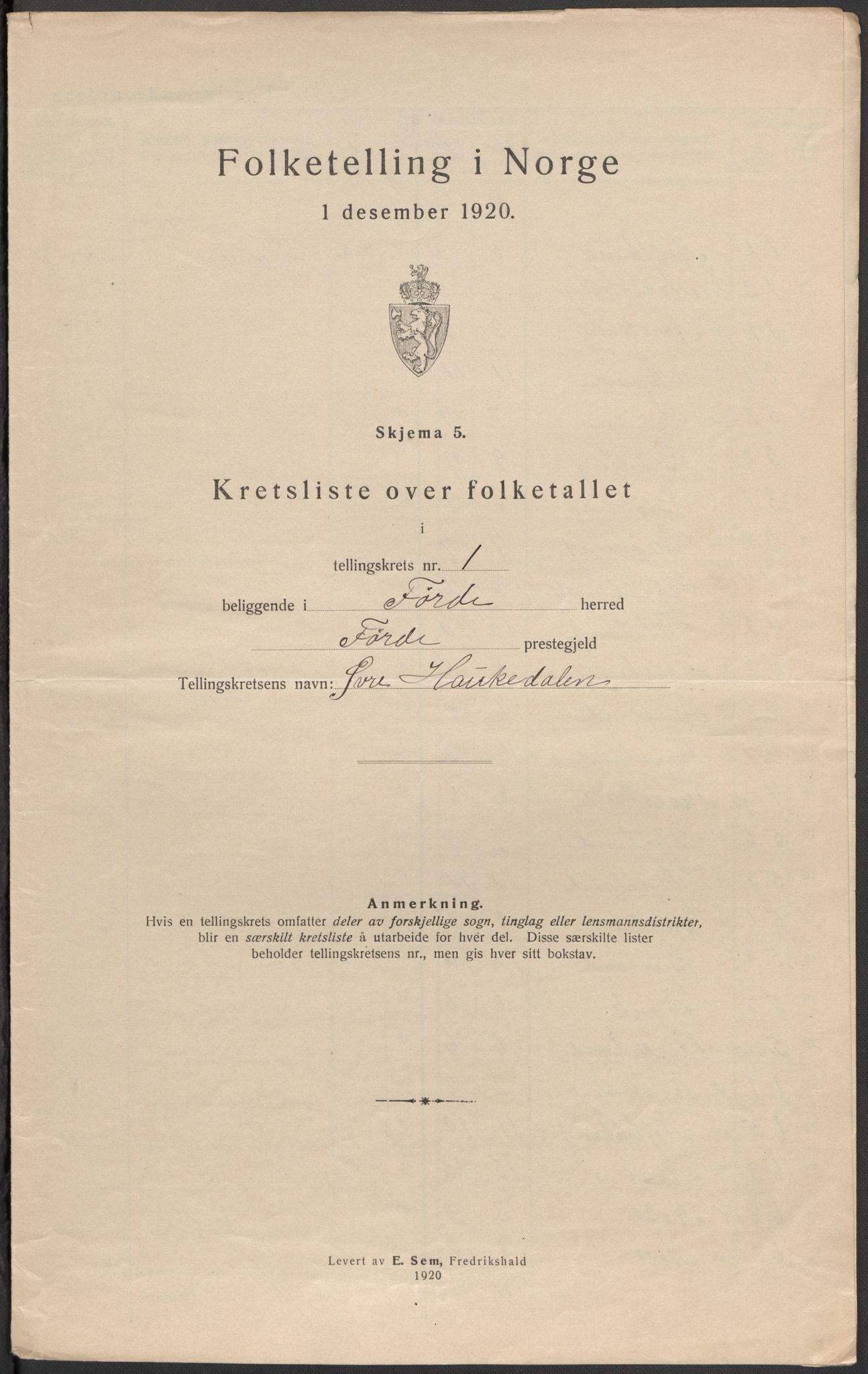 SAB, Folketelling 1920 for 1432 Førde herred, 1920, s. 5