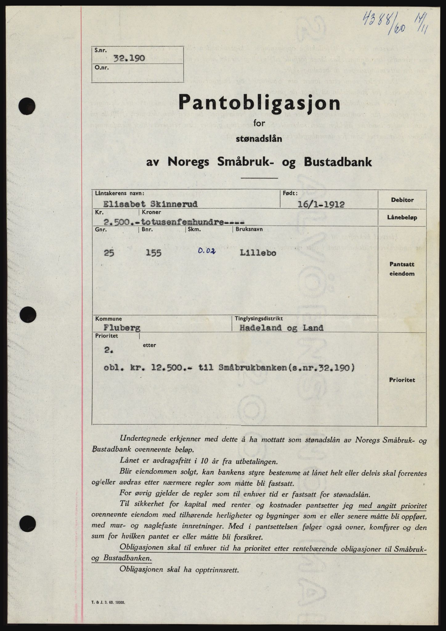 Hadeland og Land tingrett, SAH/TING-010/H/Hb/Hbc/L0044: Pantebok nr. B44, 1960-1961, Dagboknr: 4388/1960