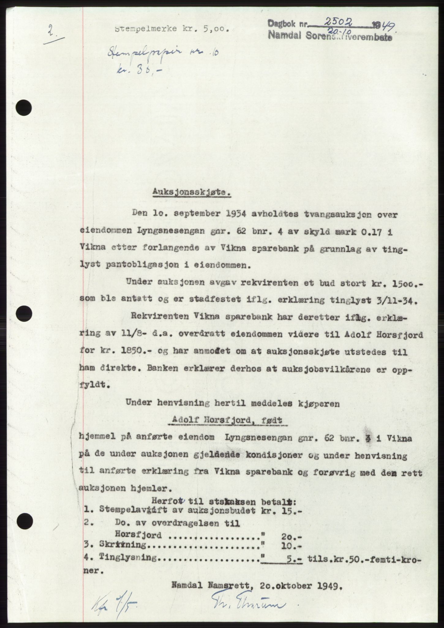 Namdal sorenskriveri, SAT/A-4133/1/2/2C: Pantebok nr. -, 1949-1949, Dagboknr: 2502/1949