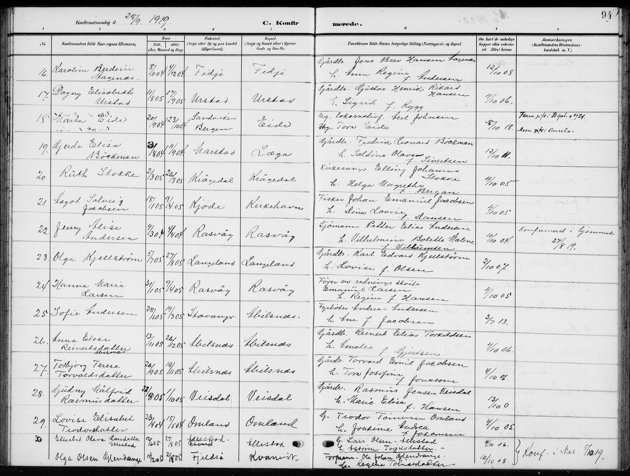 Flekkefjord sokneprestkontor, AV/SAK-1111-0012/F/Fb/Fbb/L0005: Klokkerbok nr. B 5, 1908-1927, s. 94