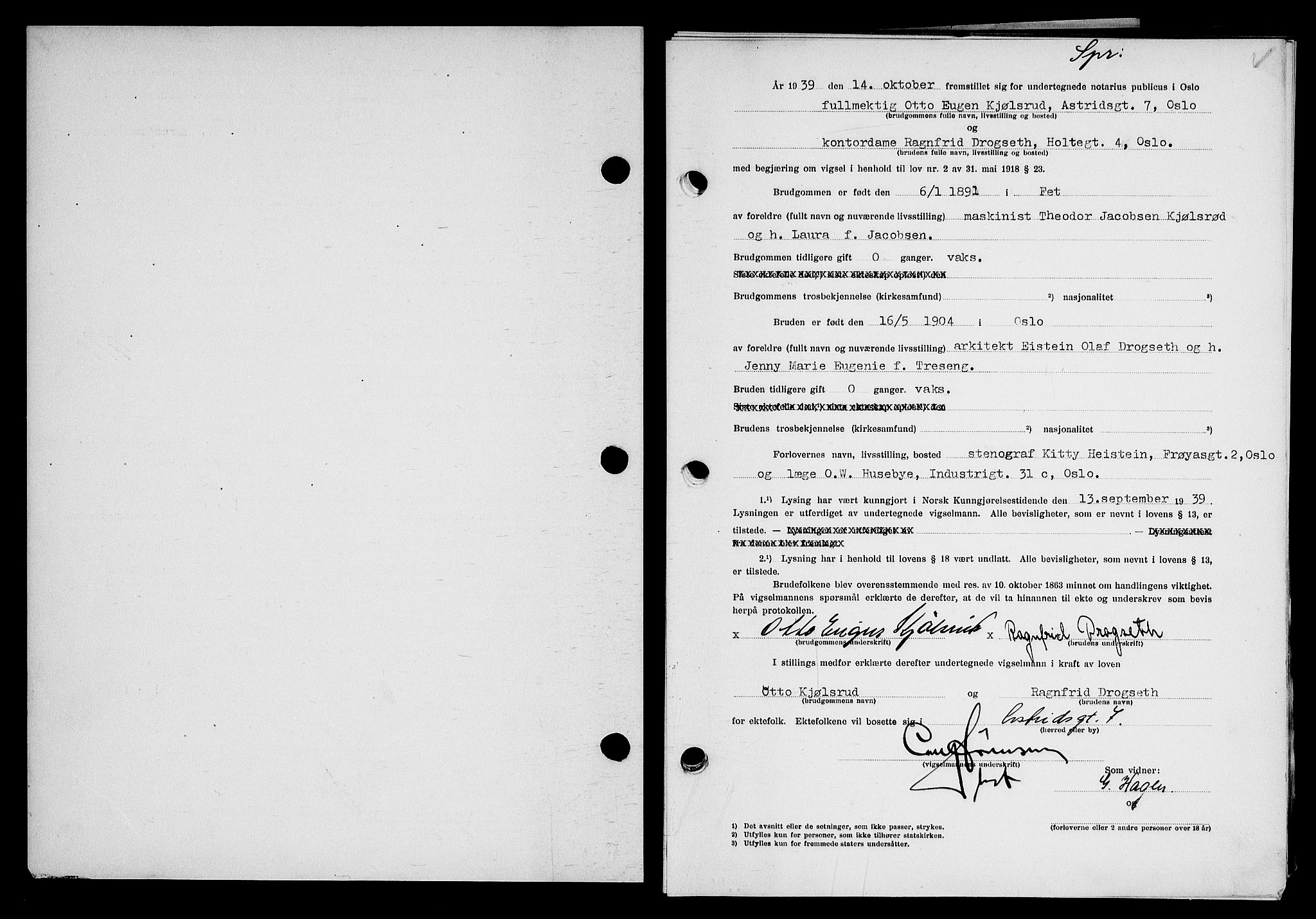 Oslo byfogd avd. I, SAO/A-10220/L/Lb/Lbb/L0033: Notarialprotokoll, rekke II: Vigsler, 1939-1940