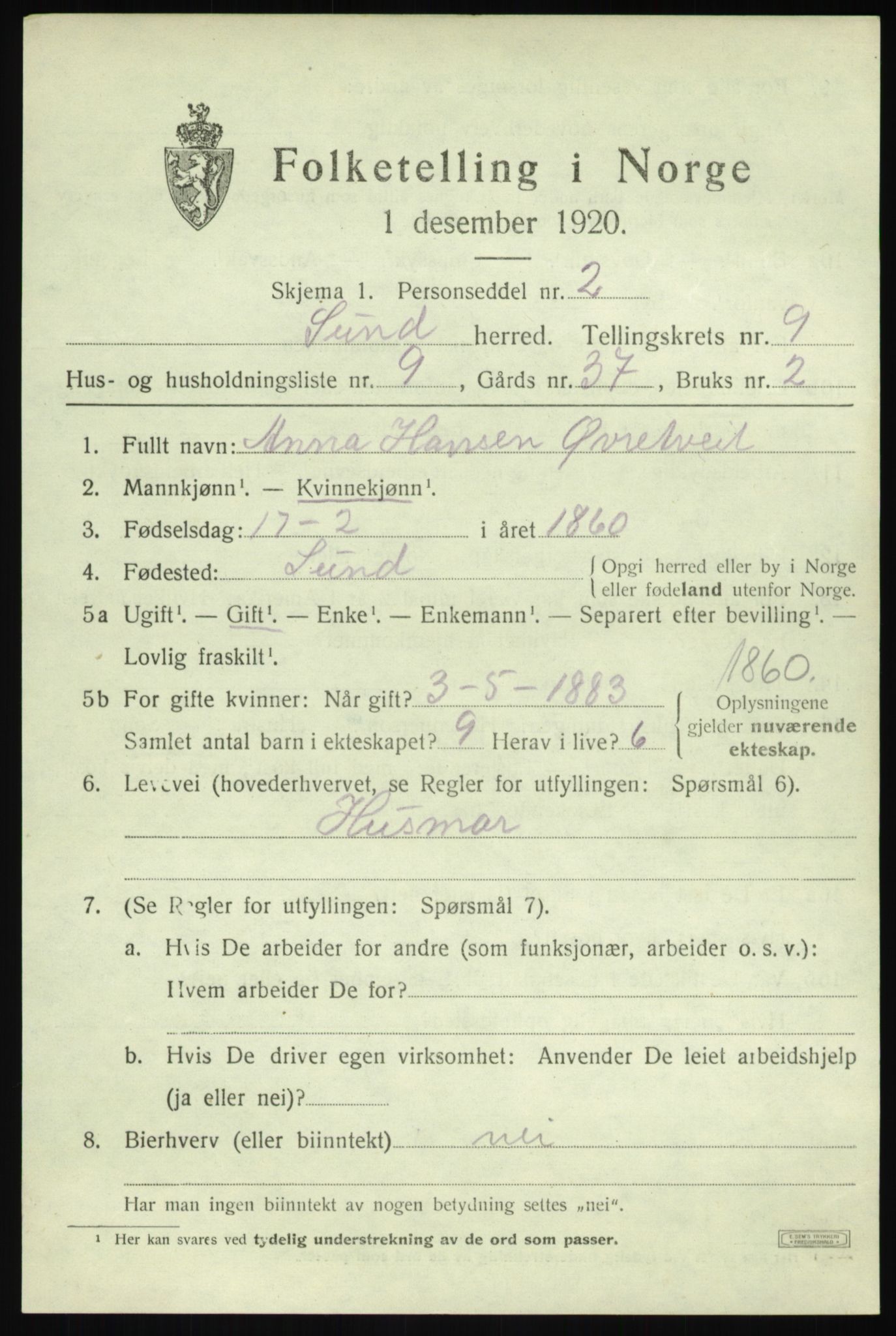 SAB, Folketelling 1920 for 1245 Sund herred, 1920, s. 5401