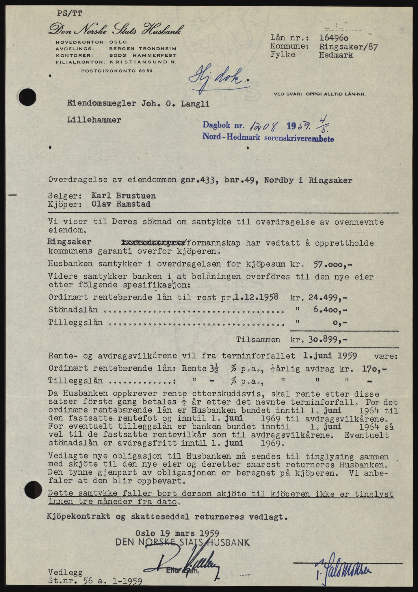 Nord-Hedmark sorenskriveri, SAH/TING-012/H/Hc/L0013: Pantebok nr. 13, 1959-1960, Dagboknr: 1208/1959