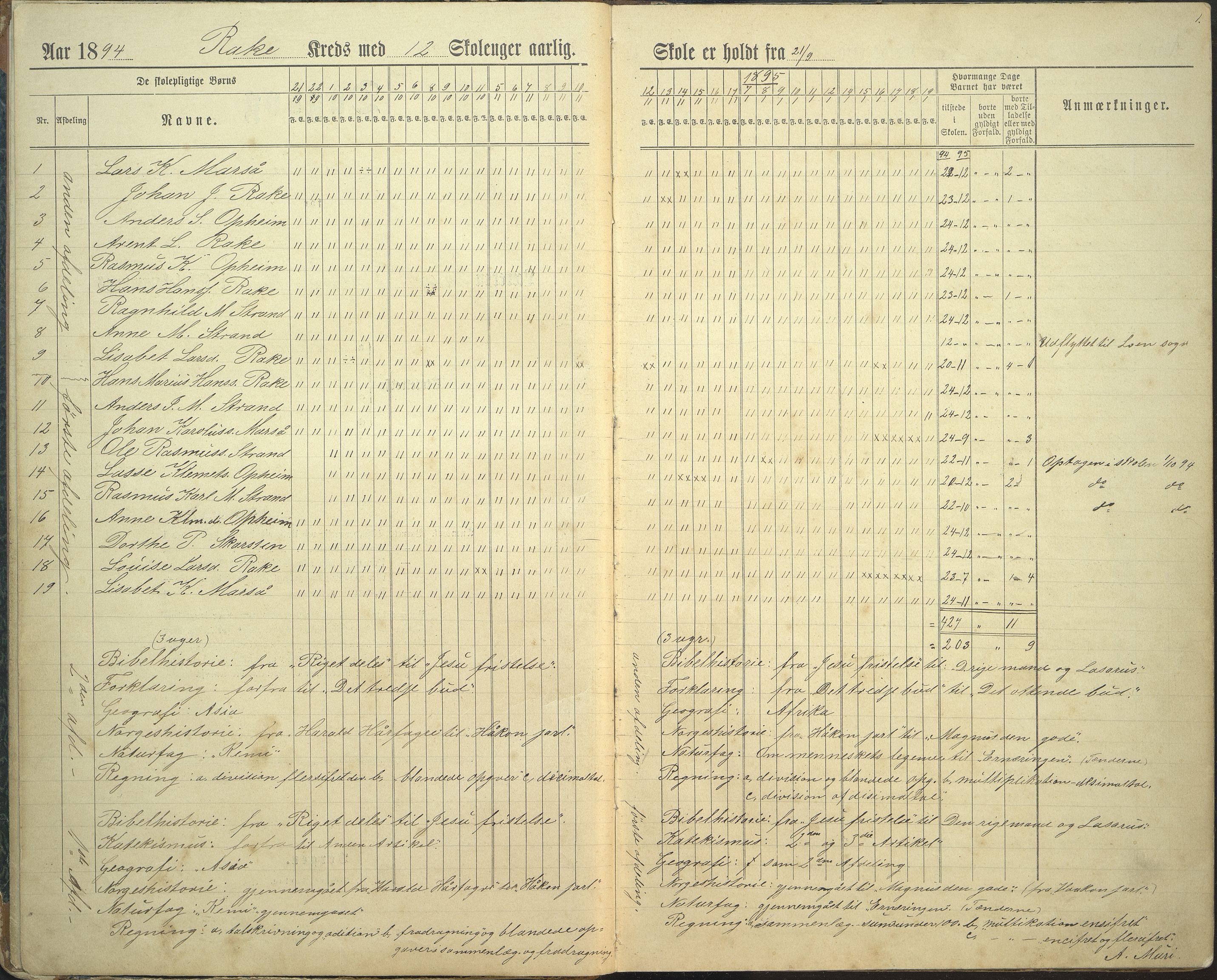 Innvik kommune. Rake skule, VLFK/K-14470.520.23/543/L0002: dagbok for Rake skule og Skarstein skule, 1894-1909, s. 1