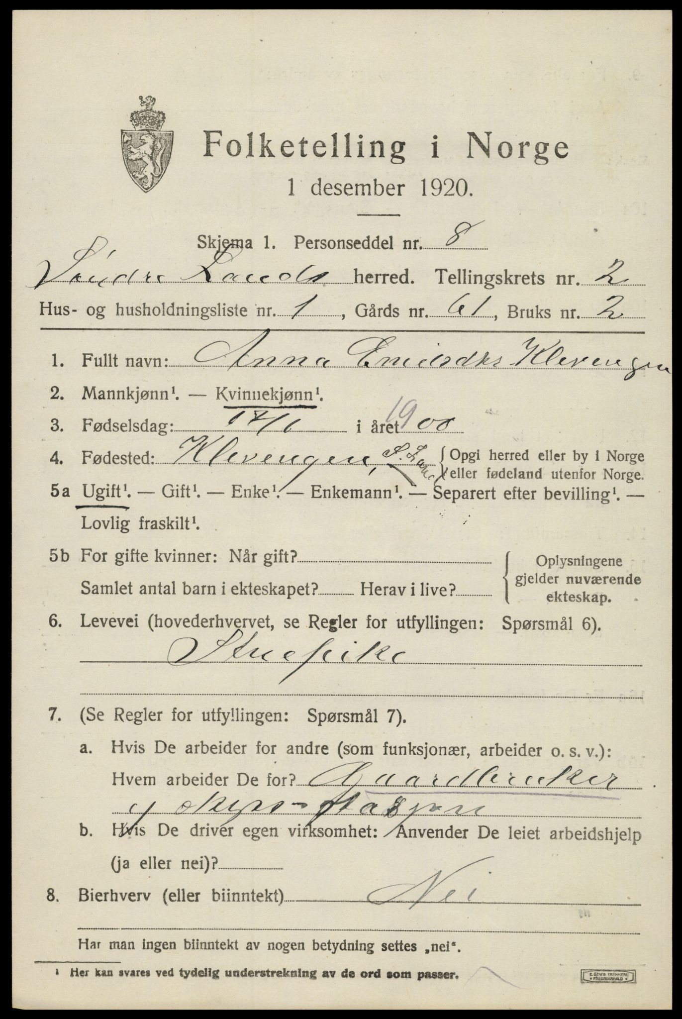 SAH, Folketelling 1920 for 0536 Søndre Land herred, 1920, s. 2207