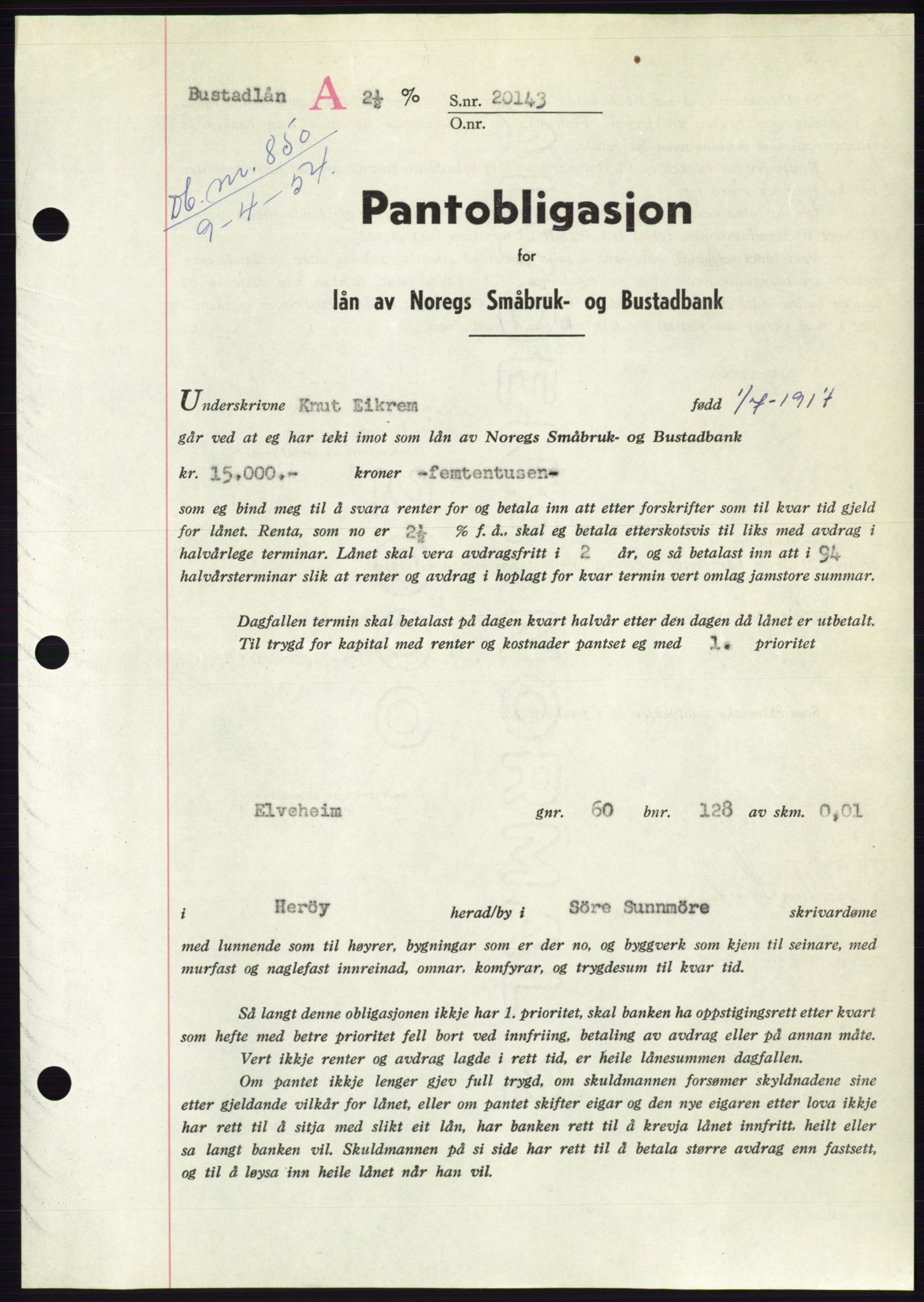 Søre Sunnmøre sorenskriveri, AV/SAT-A-4122/1/2/2C/L0124: Pantebok nr. 12B, 1953-1954, Dagboknr: 850/1954