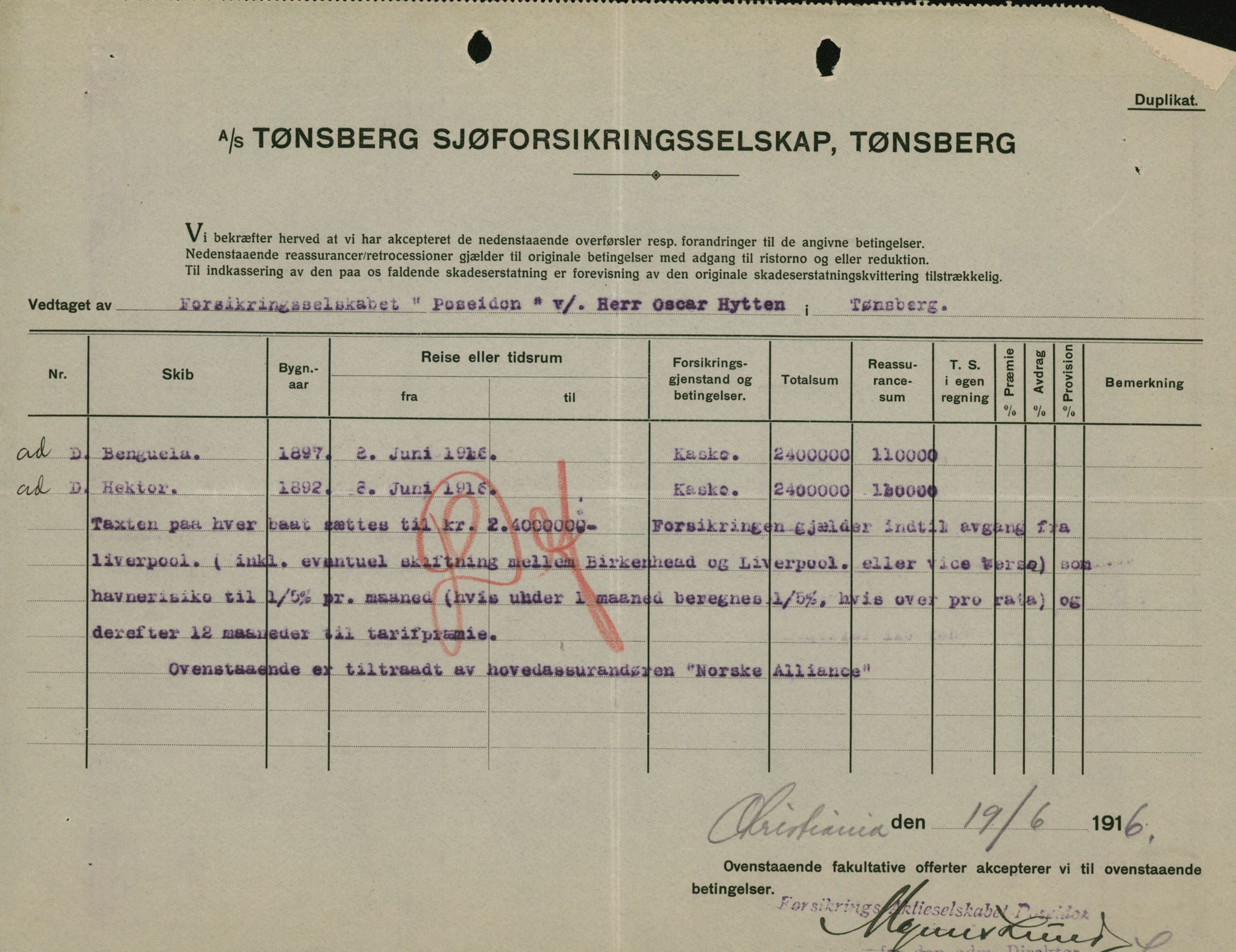 Pa 664 - Tønsberg Sjøforsikringsselskap, VEMU/A-1773/F/L0001: Forsikringspoliser, 1915-1918