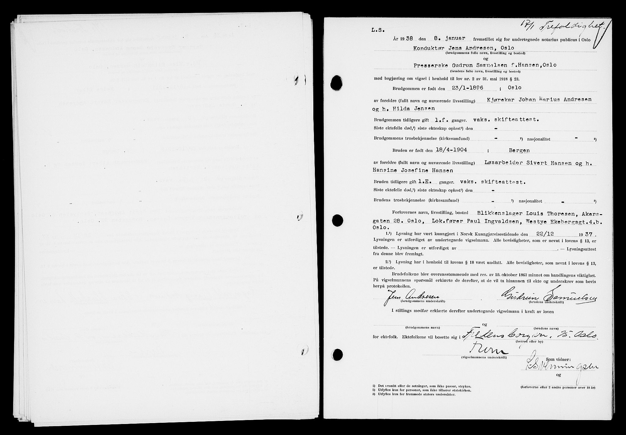 Oslo byfogd avd. I, AV/SAO-A-10220/L/Lb/Lbb/L0029: Notarialprotokoll, rekke II: Vigsler, 1937-1938