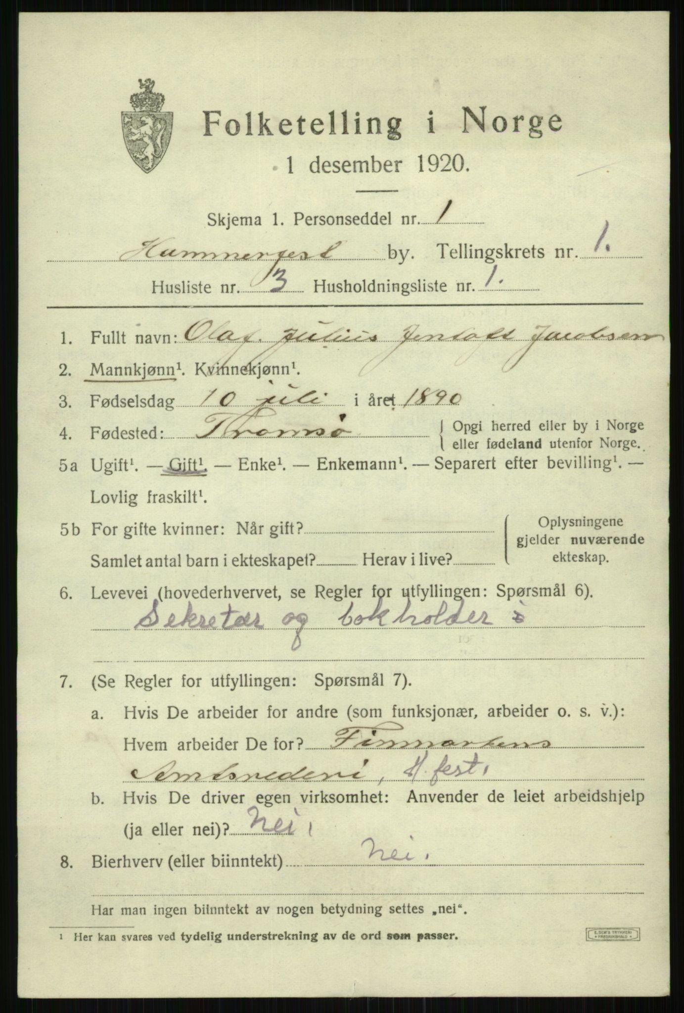 SATØ, Folketelling 1920 for 2001 Hammerfest kjøpstad, 1920, s. 2430