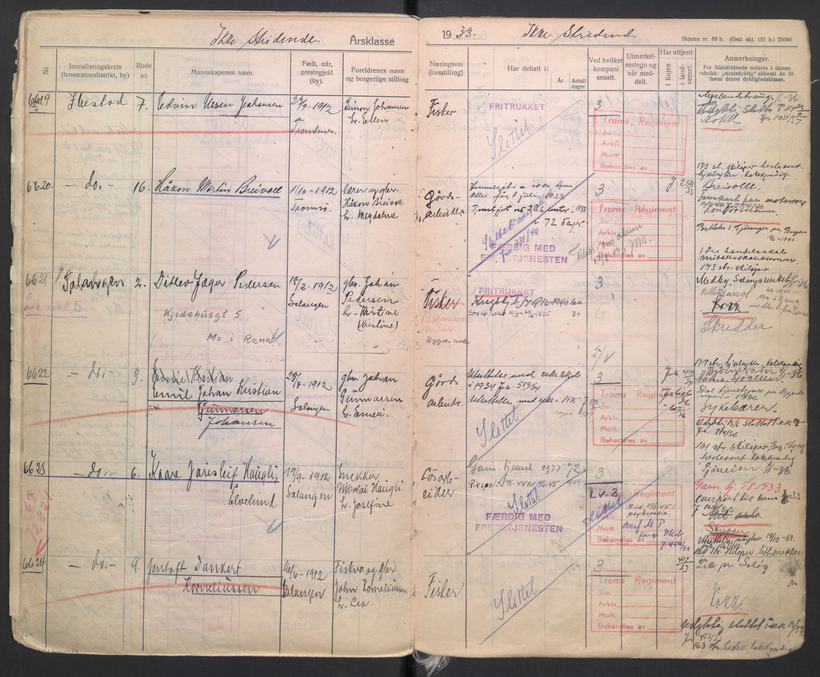 Forsvaret, Troms infanteriregiment nr. 16, AV/RA-RAFA-3146/P/Pa/L0006/0004: Ruller / Rulle for Trondenes bataljons menige mannskaper, årsklasse 1933, 1933