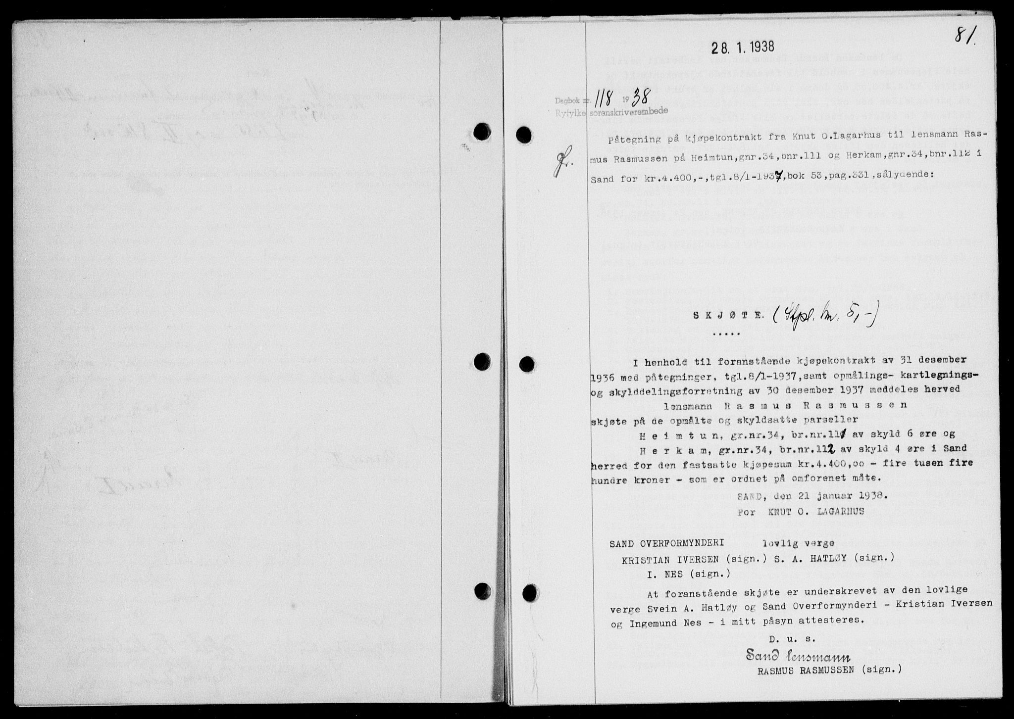 Ryfylke tingrett, SAST/A-100055/001/II/IIB/L0077: Pantebok nr. 56, 1938-1938, Dagboknr: 118/1938