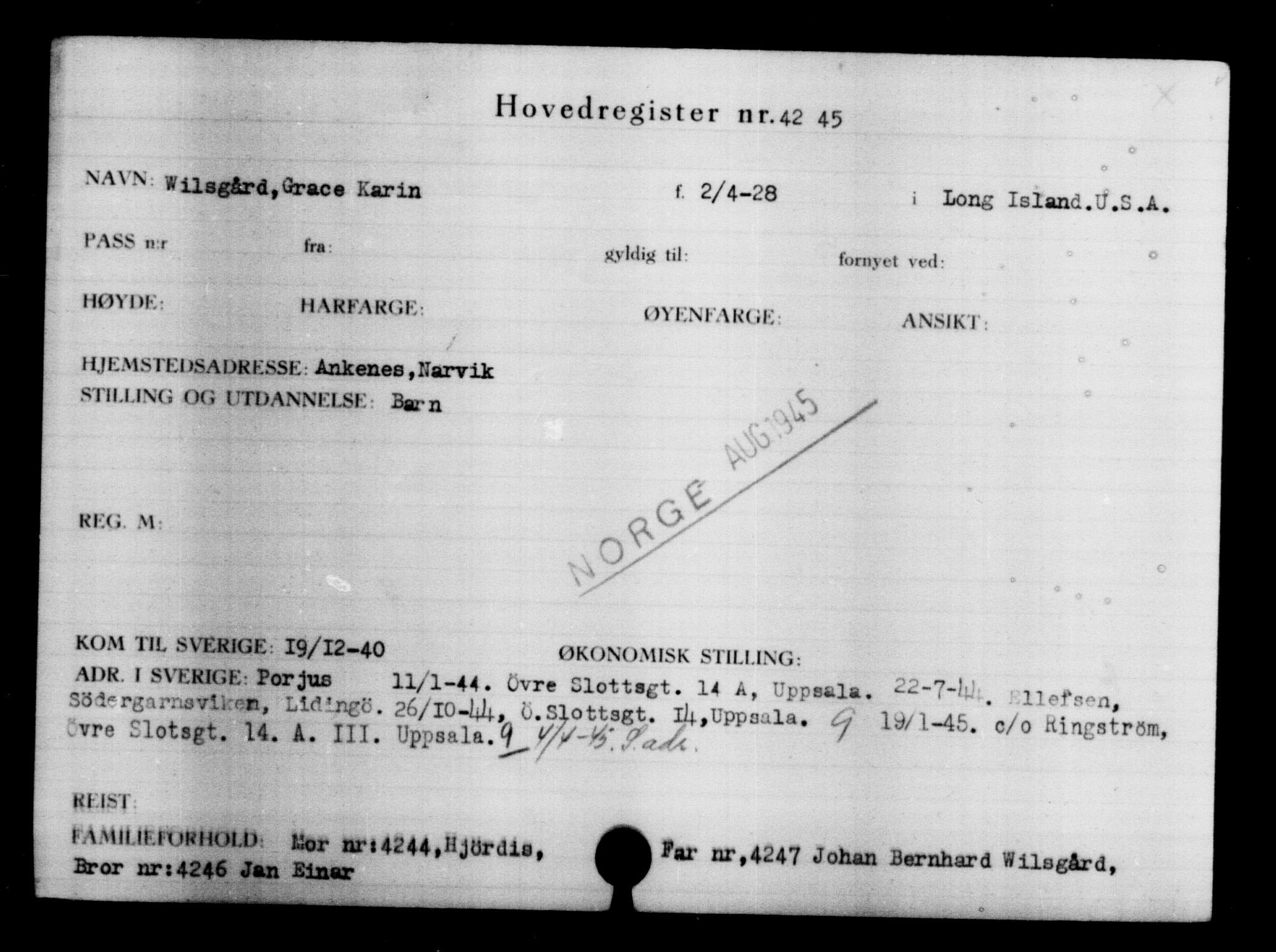 Den Kgl. Norske Legasjons Flyktningskontor, RA/S-6753/V/Va/L0004: Kjesäterkartoteket.  Flyktningenr. 3496-6610, 1940-1945, s. 907