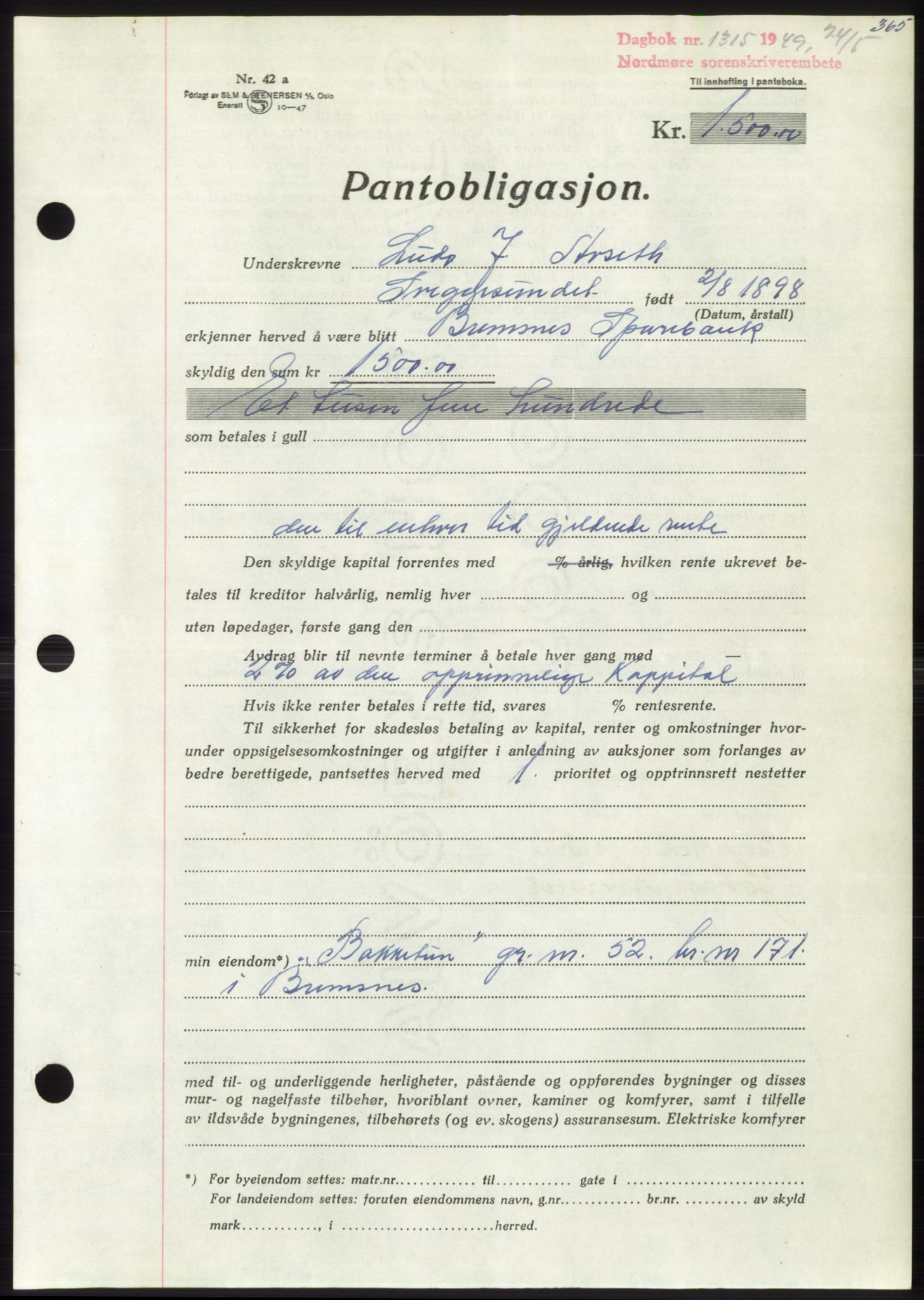 Nordmøre sorenskriveri, SAT/A-4132/1/2/2Ca: Pantebok nr. B101, 1949-1949, Dagboknr: 1315/1949