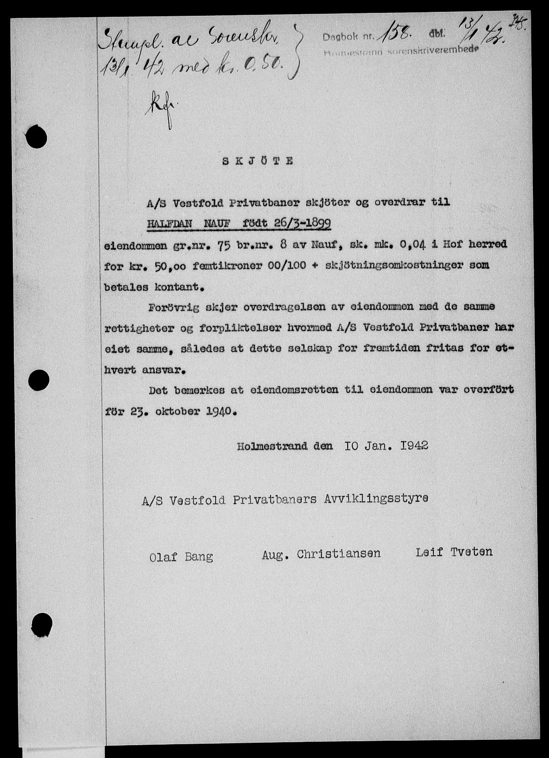 Holmestrand sorenskriveri, SAKO/A-67/G/Ga/Gaa/L0054: Pantebok nr. A-54, 1941-1942, Dagboknr: 158/1942